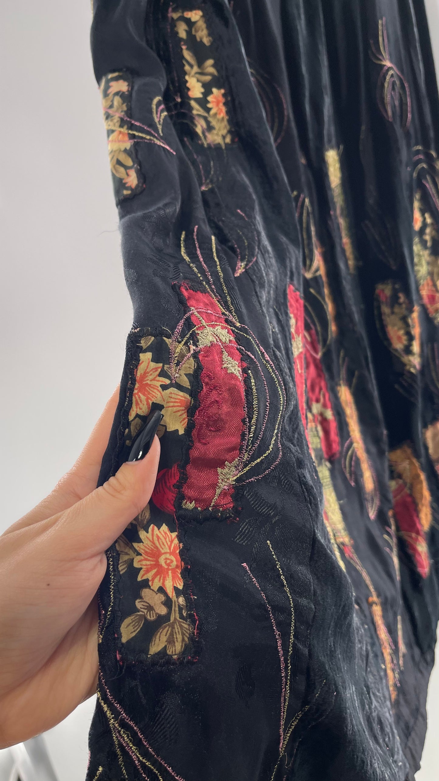 Vintage Black Velvet and Embossed Florals Patchwork Skirt with Metallic Stitch Detailing with Lining and Thick Waistline (M)