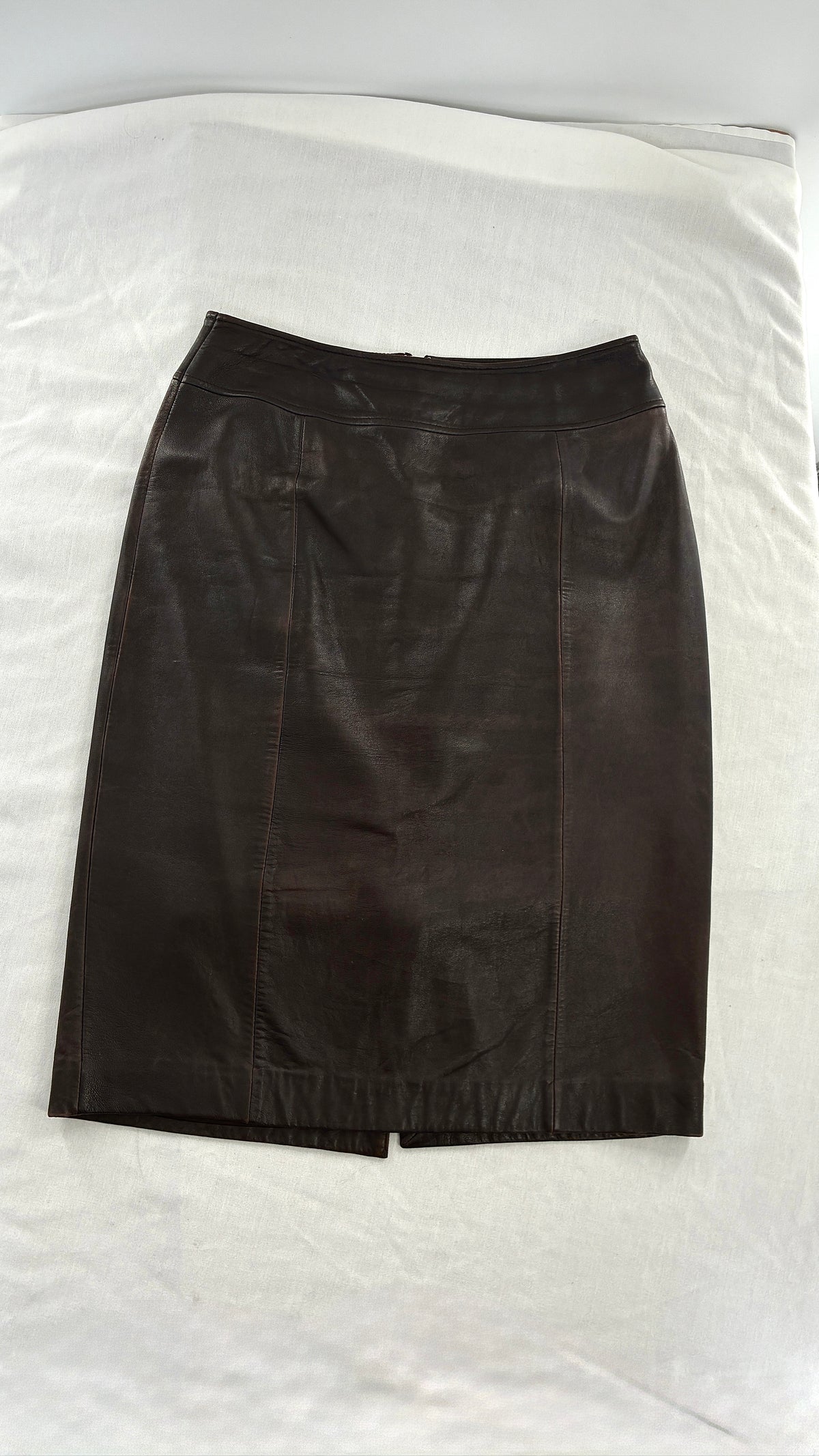 Vintage BROOKS BROTHERS Brown Distressed Genuine Leather Skirt (6)
