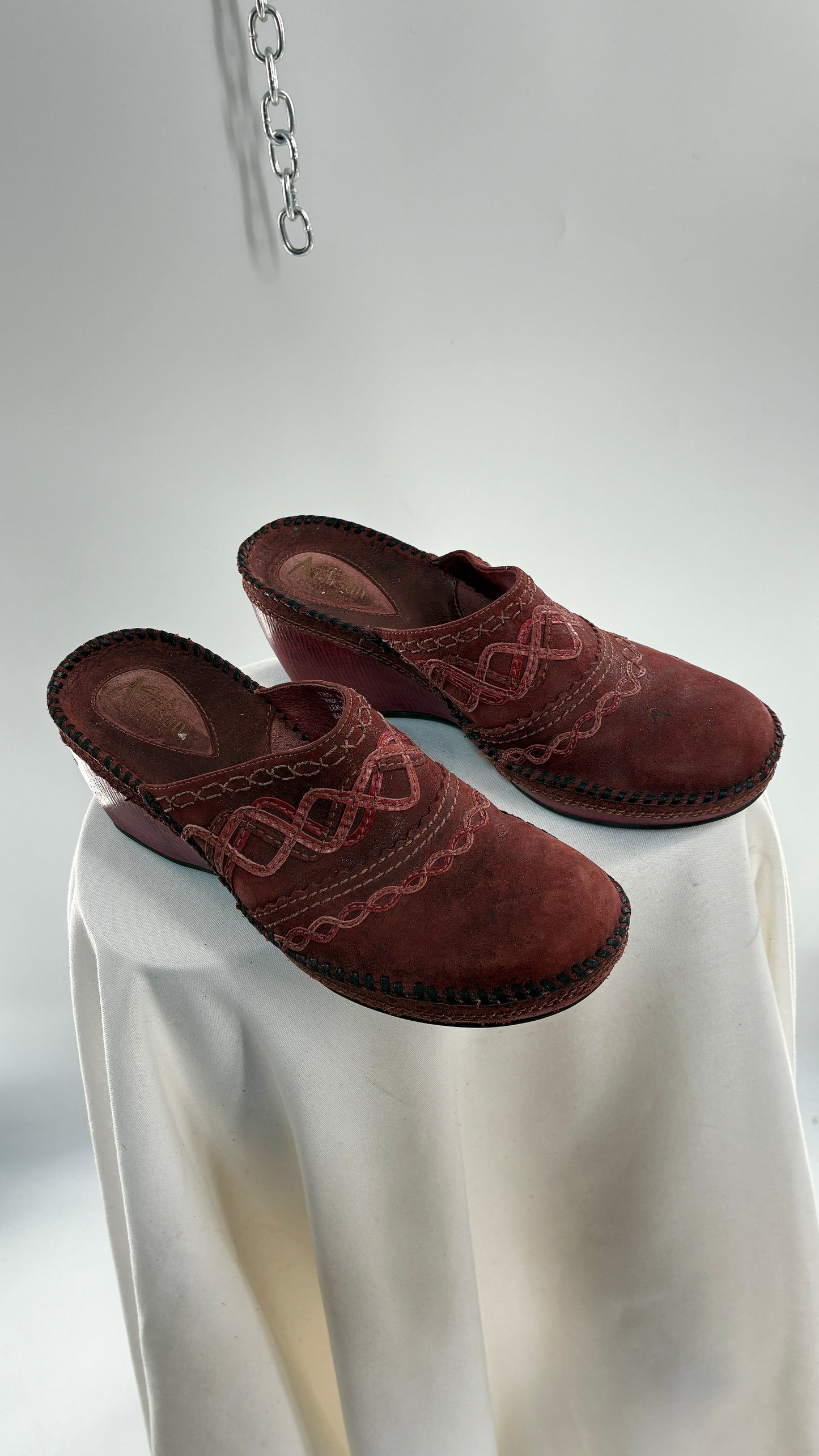ARTISAN Clark’s Maroon Red Leather Clogs (8)