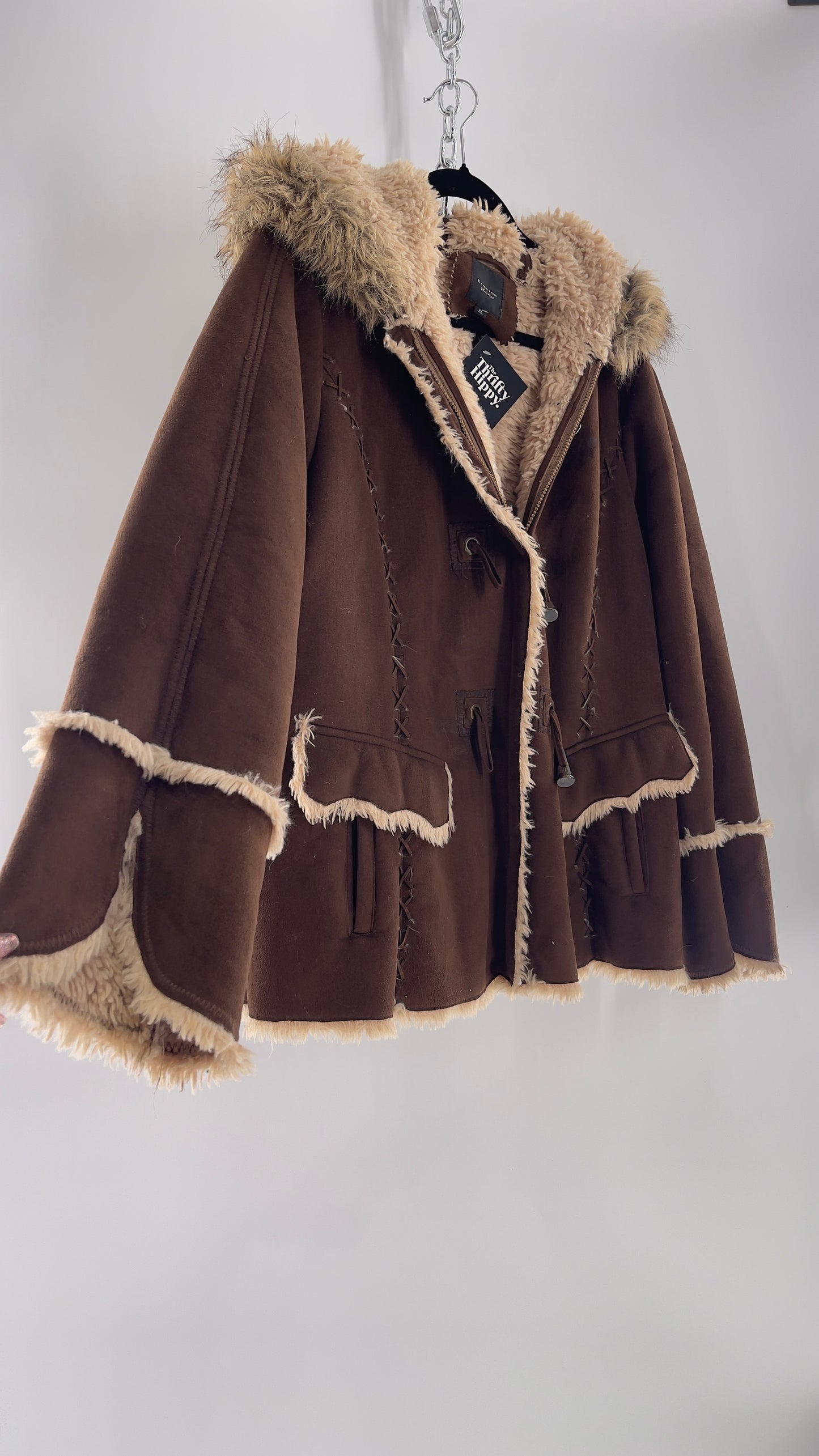 Vintage Braetan Brown Zip Up Coat with Contrast Fur Trim (C) (XL)