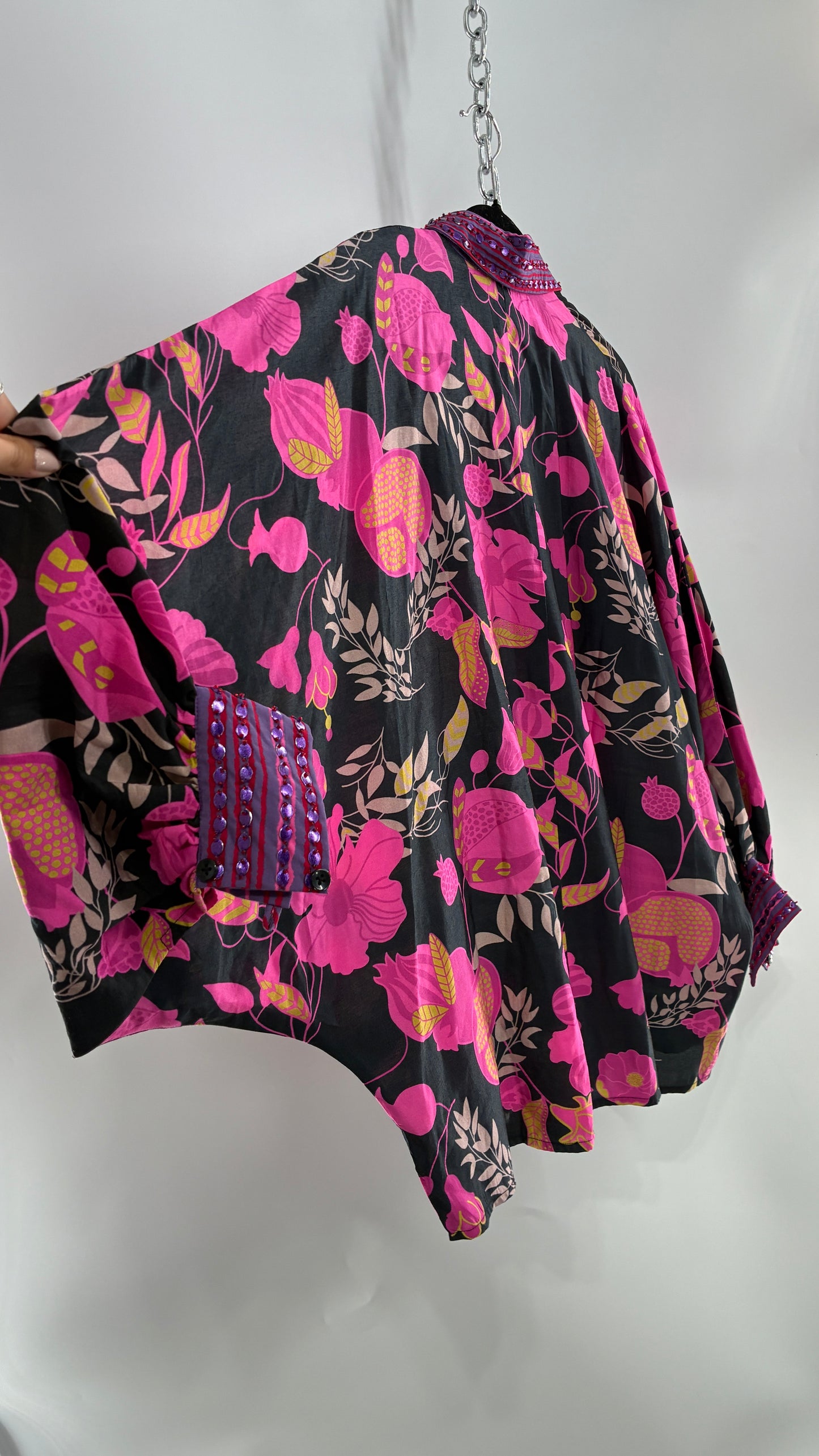 JUST BELLINA Black Oversized Blouse with Exaggerated Sleeves, Embroidered Collar and Tags Attached (XS)