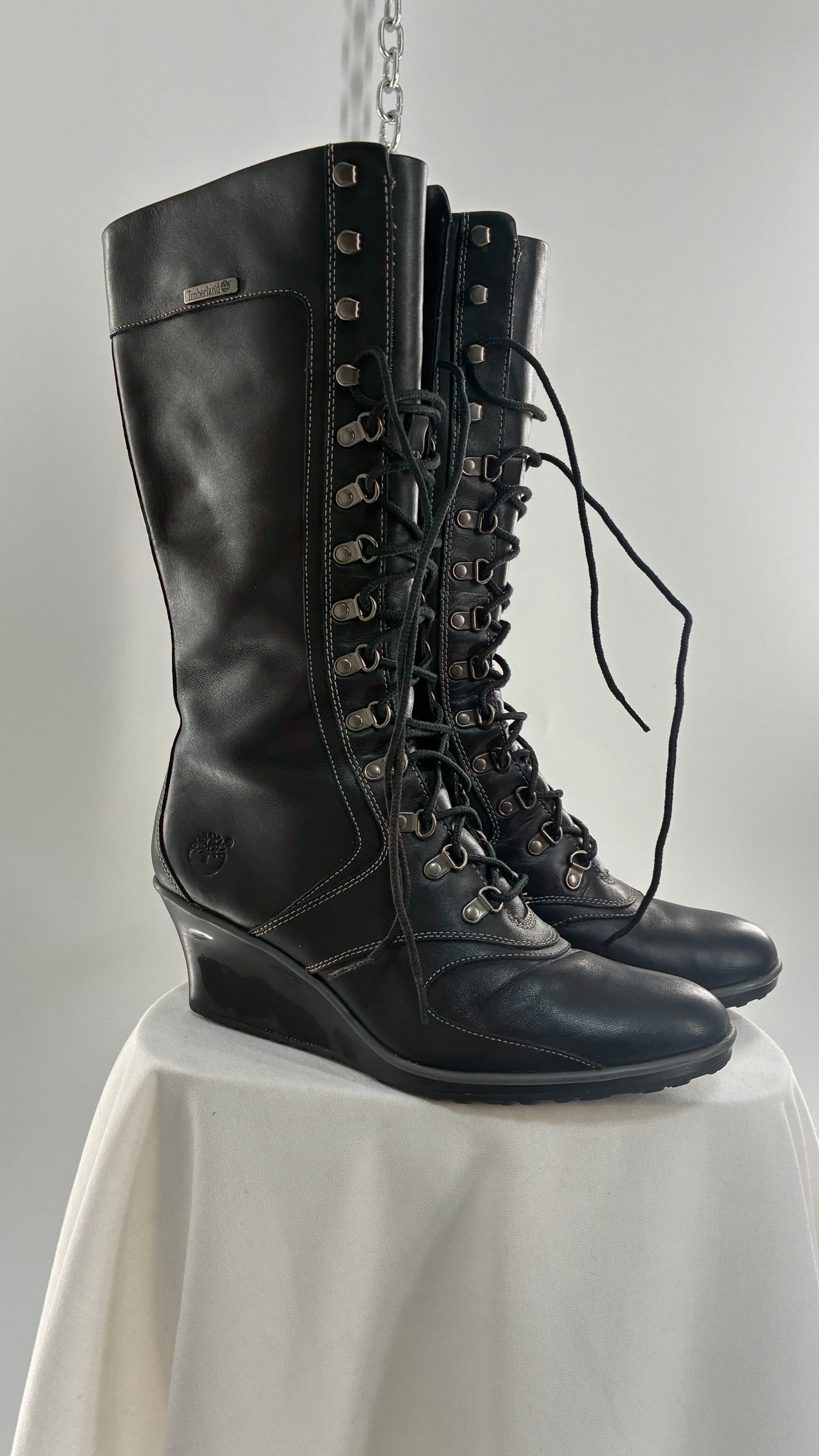 Vintage TIMBERLAND Black Genuine Leather Wedge Boots (10)