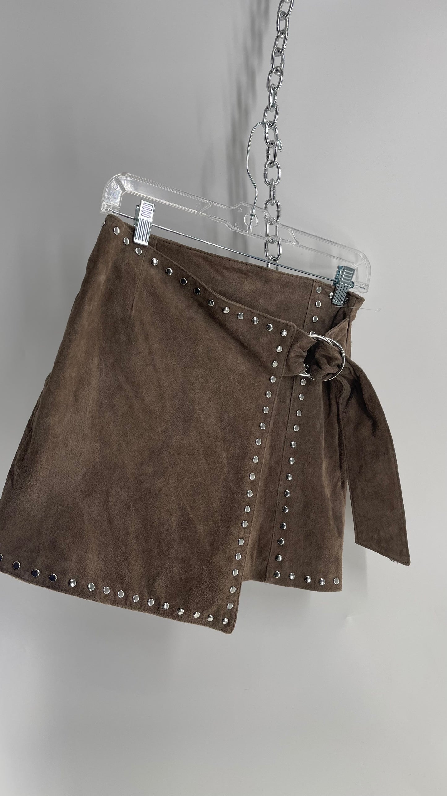 Vintage Studded Taupe Genuine Suede Leather Mini Skirt with Buckle Side Closure (Small)