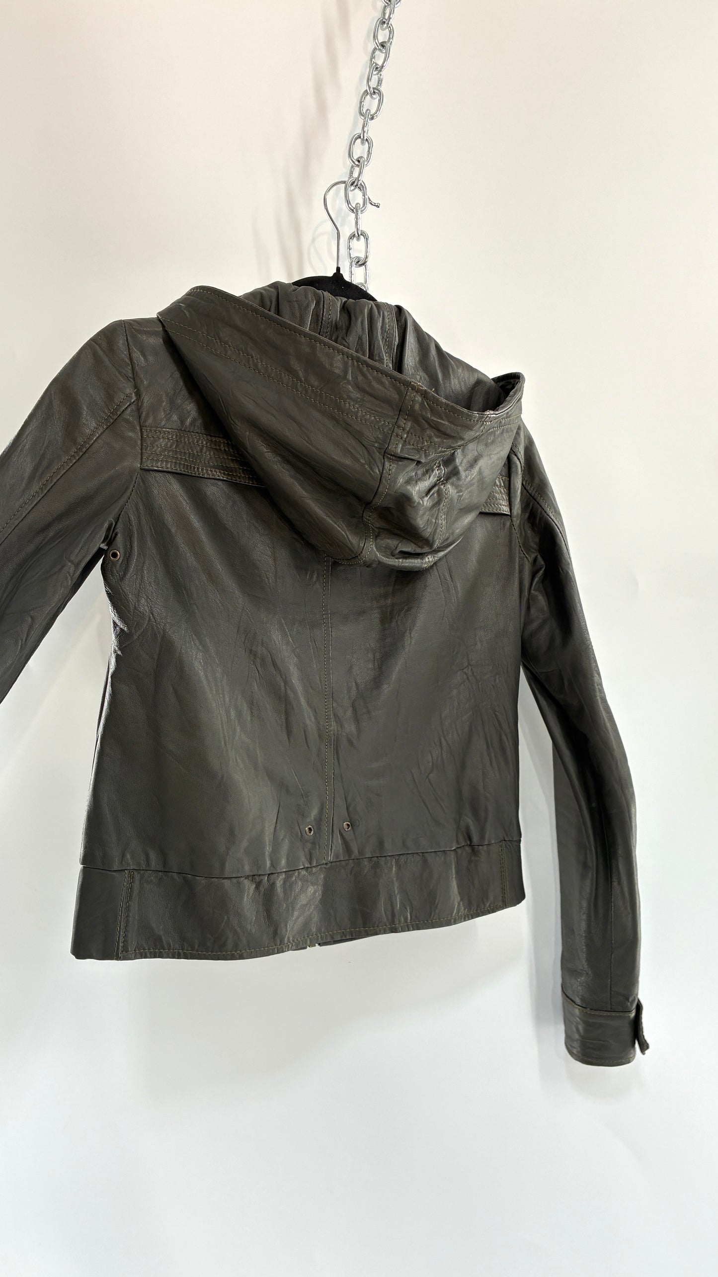 Vintage MIKE & CHRIS Grey Genuine Leather Hoodie Style Zip Front Jacket with Oversized Bronze Buttons and Contrast Stitching (XS)