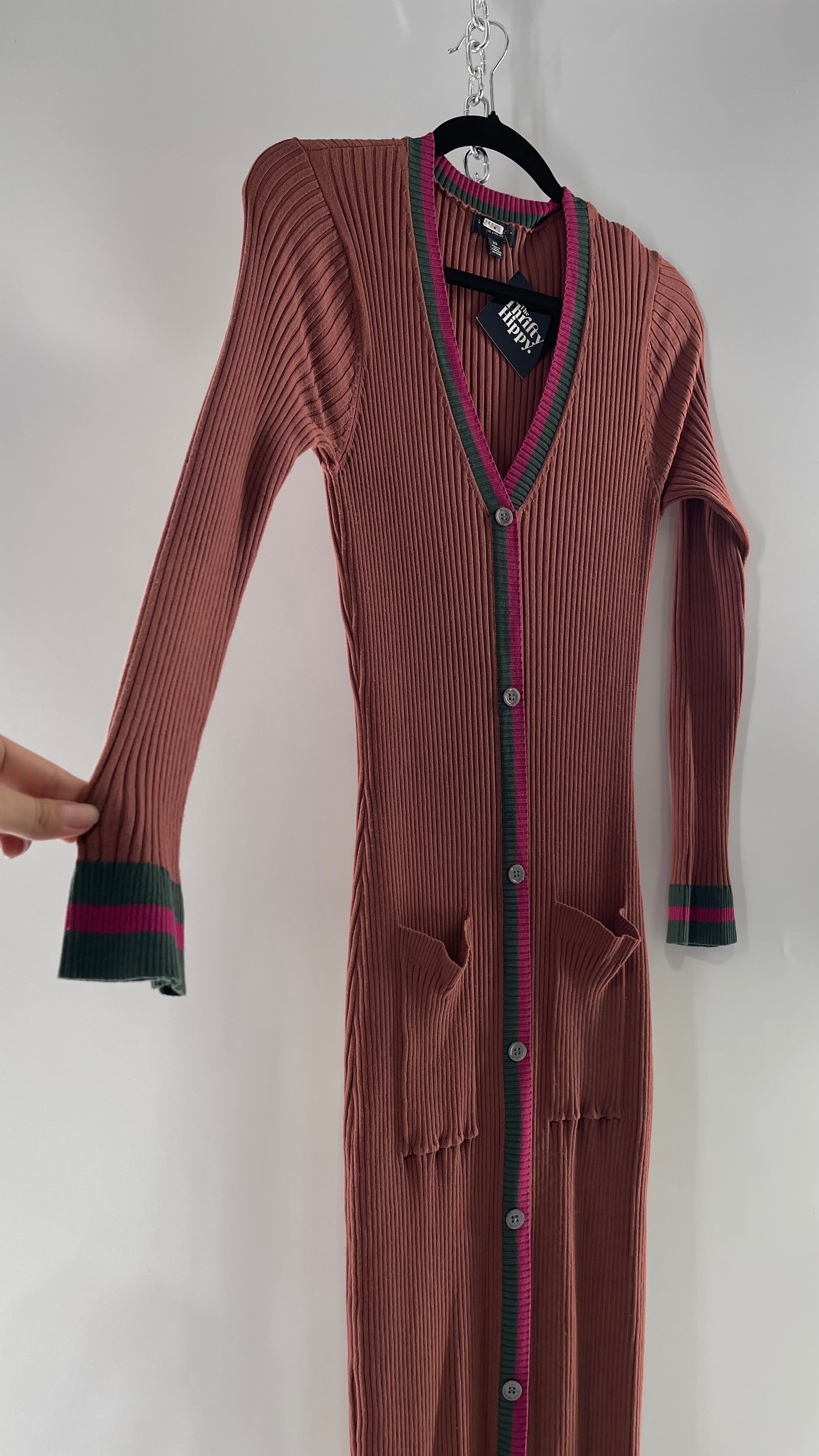 Current Air Los Angeles Brown Ribbed Knit Long Sleeve Button Front Dress with Fuchsia and Forest Green Striping (XS)