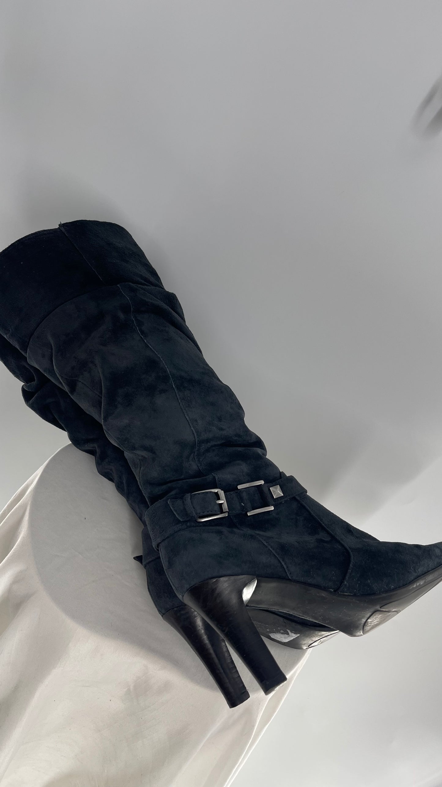 Vintage White Mountain Black Stacked Knee High Heel Boots with Ankle Stud and Buckle (7.5)