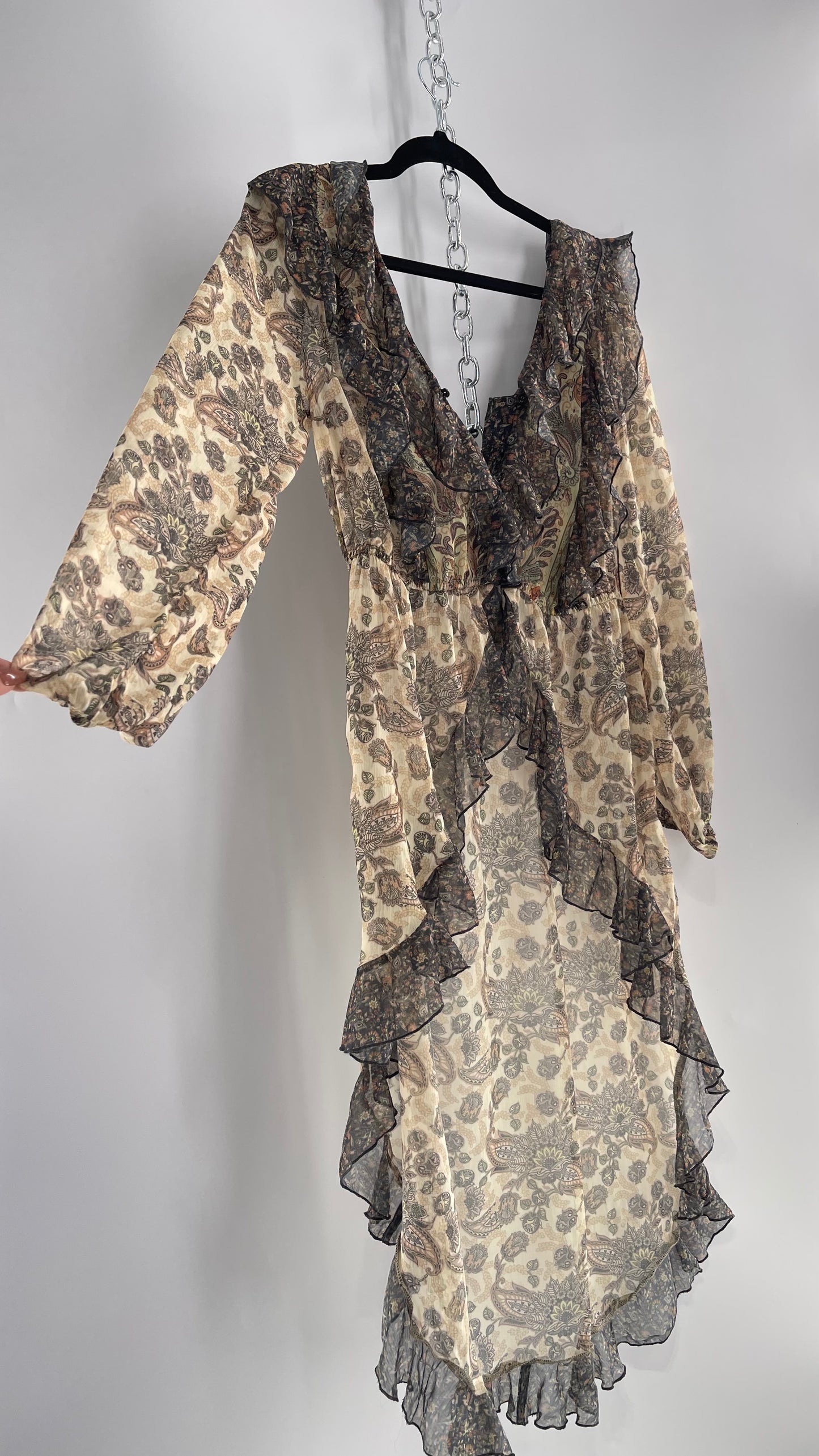 Free People Let Me Be Paisley Dual Toned High Low Sweeping Cape with Ruffled Bust and Hemline with Tags Attached (Small)
