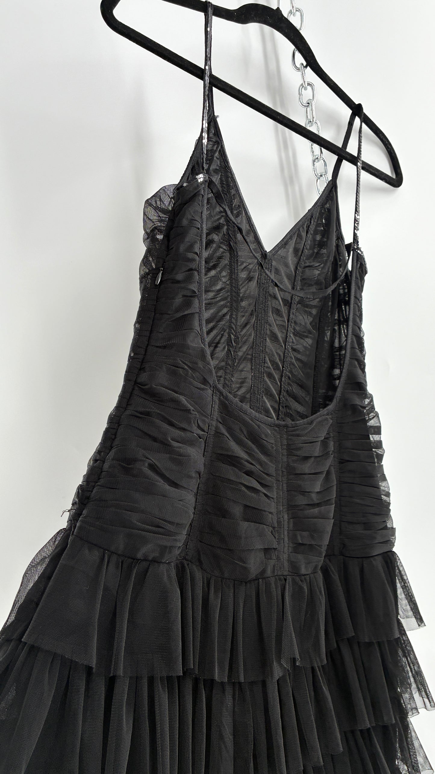 Vintage Black Ruffled Tulle Mini Dress with Low Open Back (8)