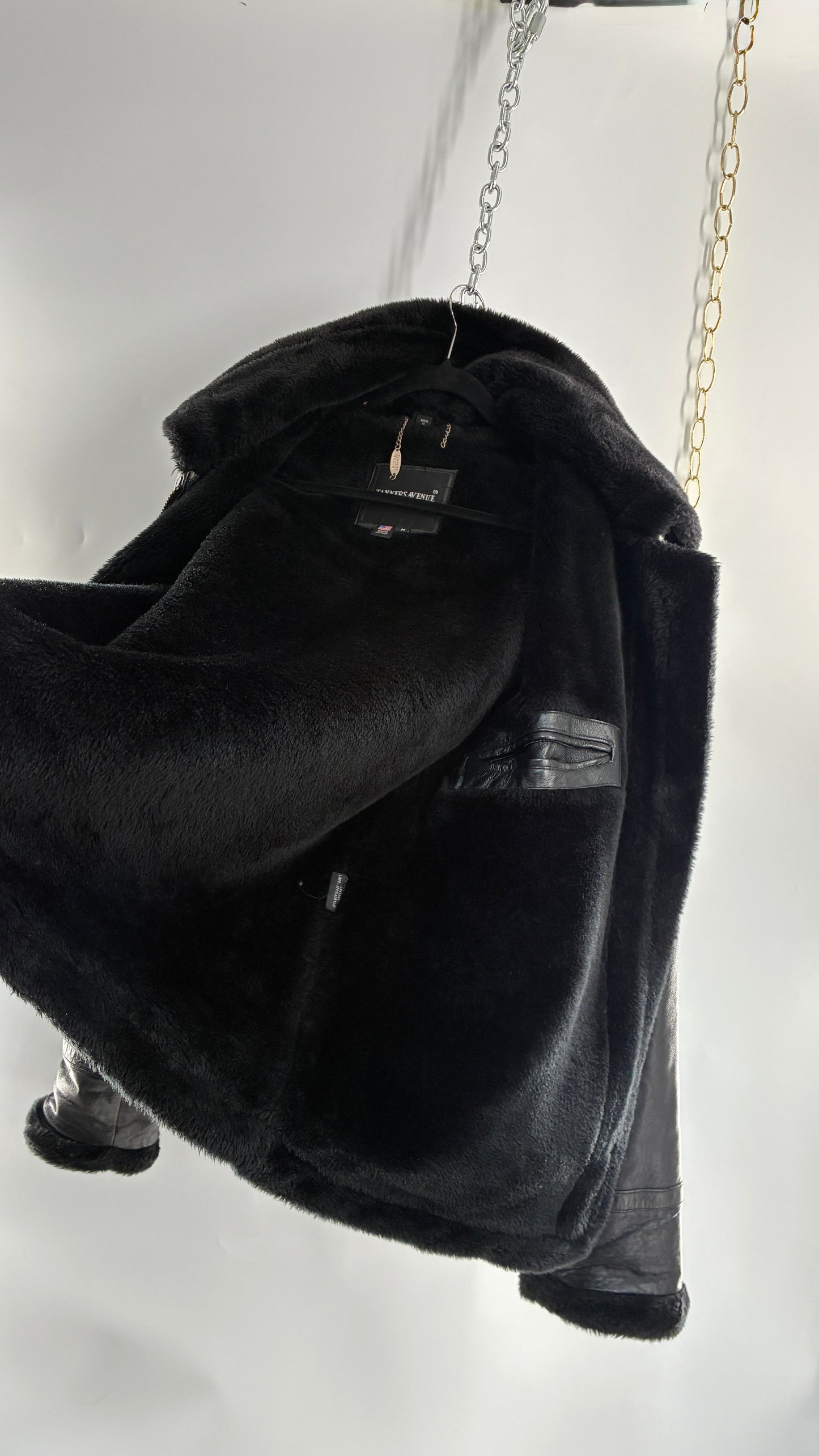 Vintage TANNERS AVENUE Black Genuine Leather Jacket with High Neck and Hood (Medium)