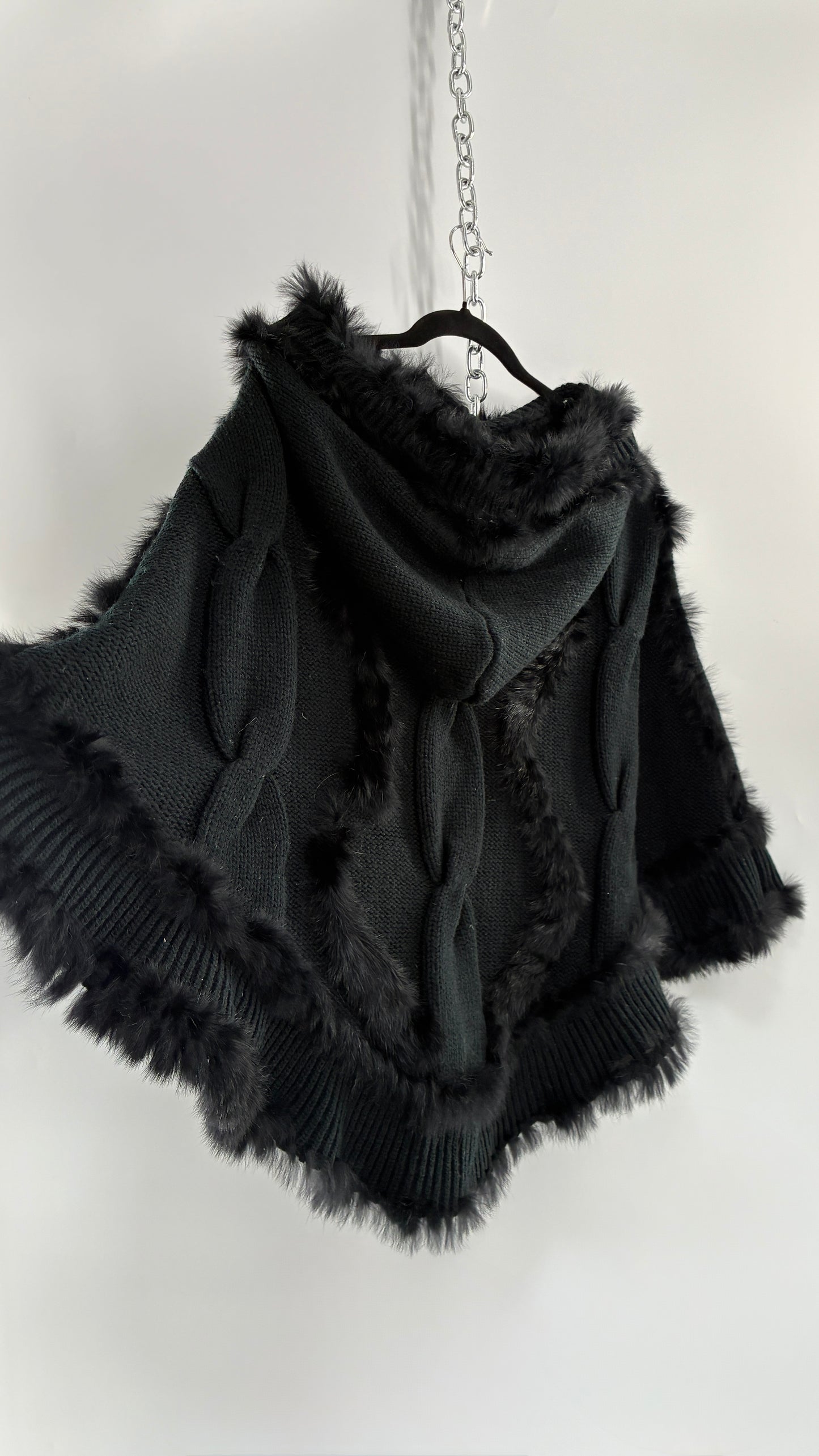 Vintage Black Cable Knit, Hooded Poncho with Genuine Rabbit Fur Trim (One Size)