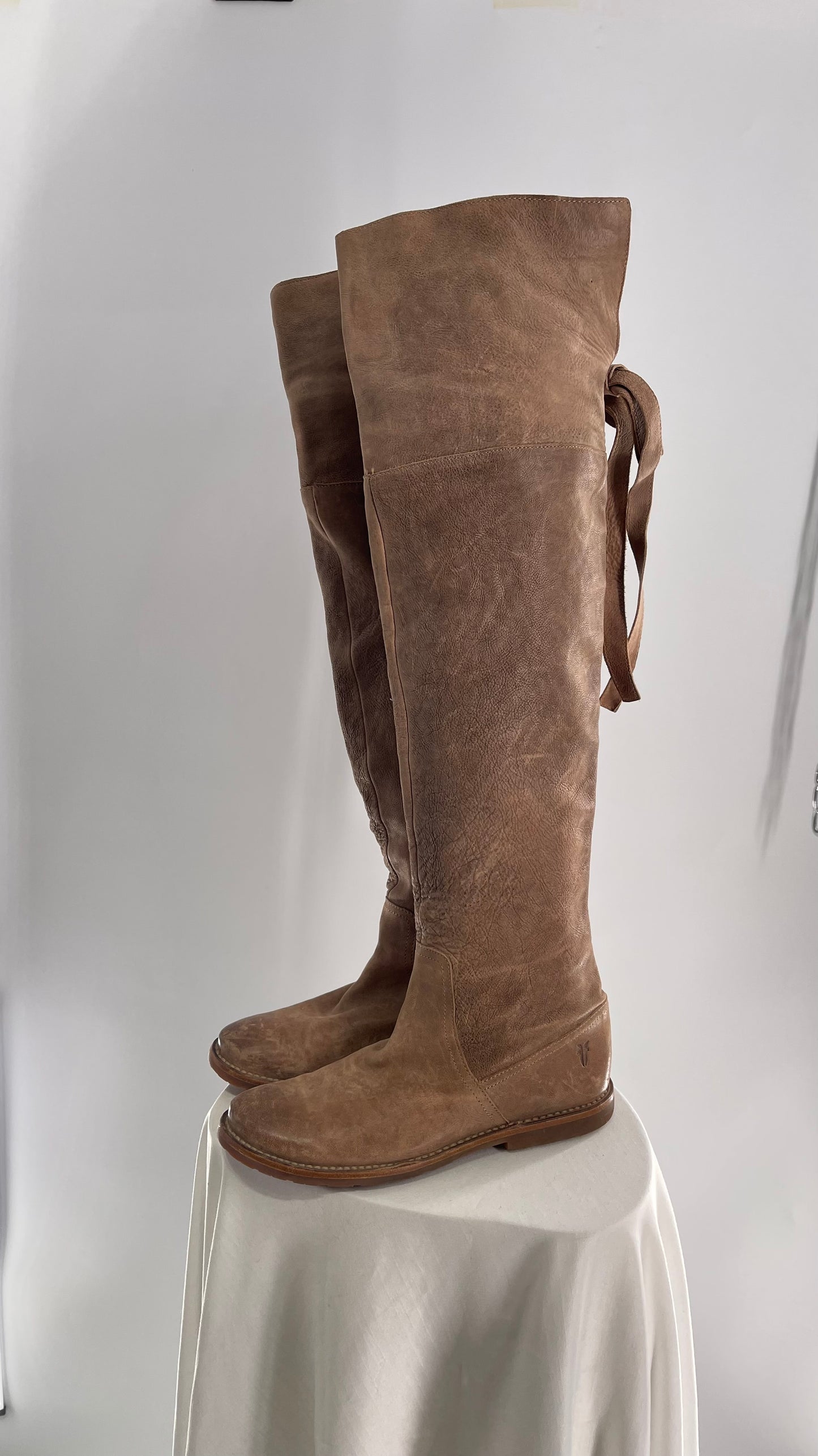 Frye Taupe Leather Over the Knee Fold Over Celia Boots (8)