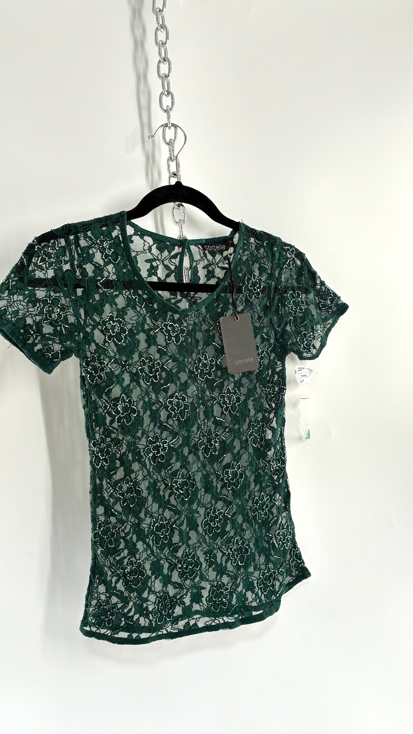 Imported Deadstock Vintage Green Beaded Floral Lace Fitted T (XS/S)