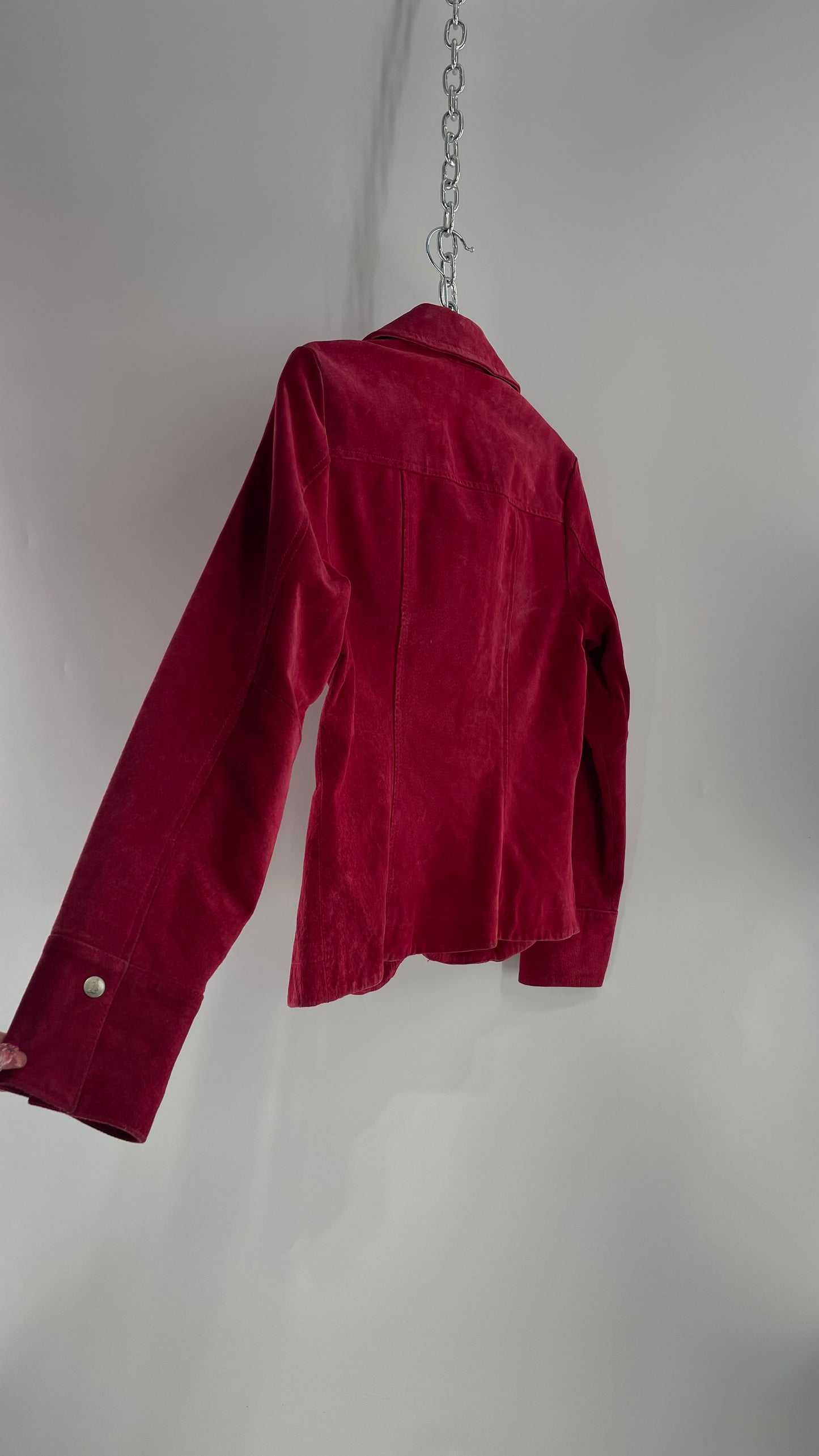 VINTAGE A.M.I Raspberry Red Suede Leather Slim Waist Metal Button Front Jacket (Small)