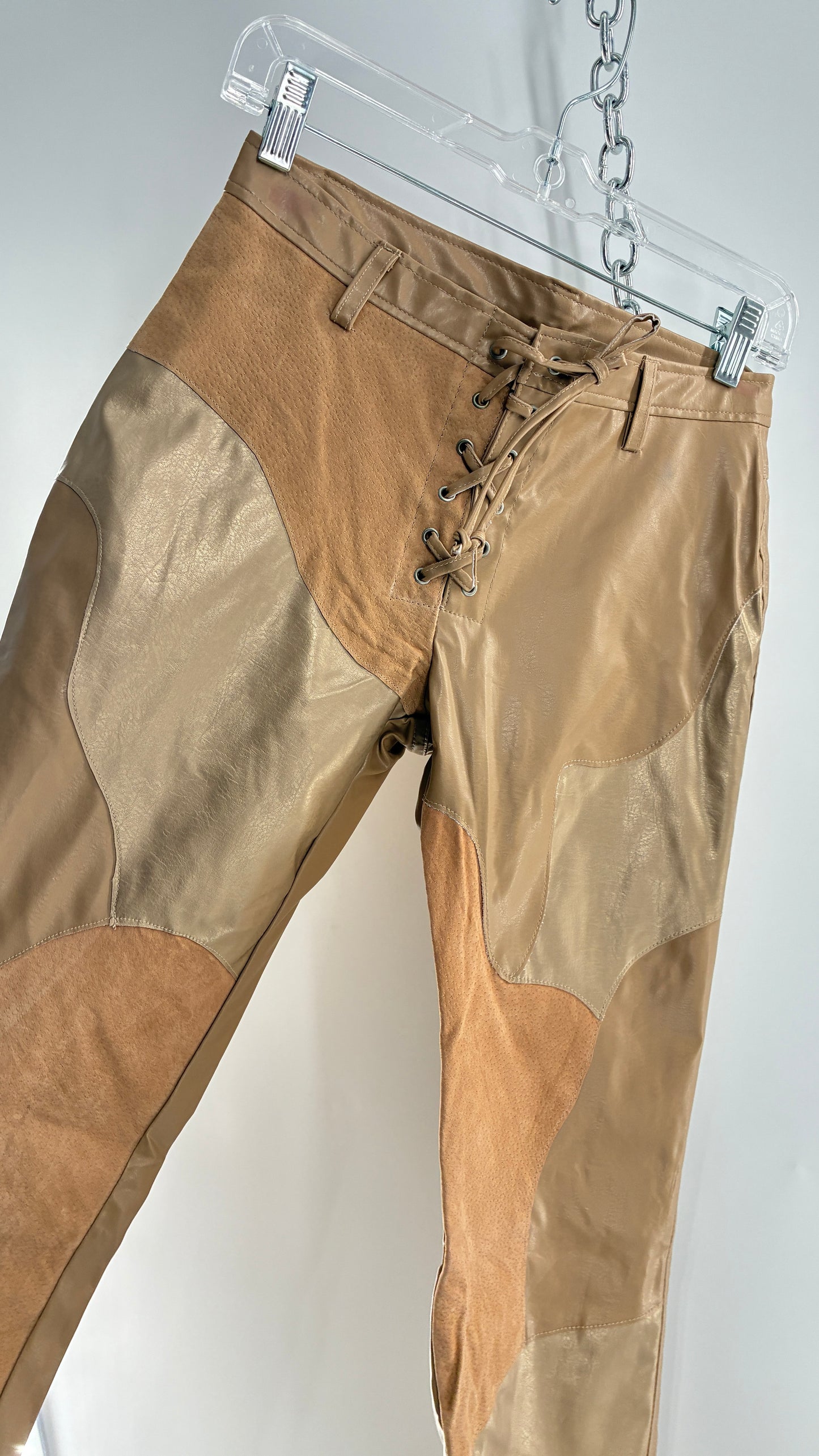 Vintage OUTER EDGE Patchwork Vegan Leather Kickflares with Tie Up Waistline (5)