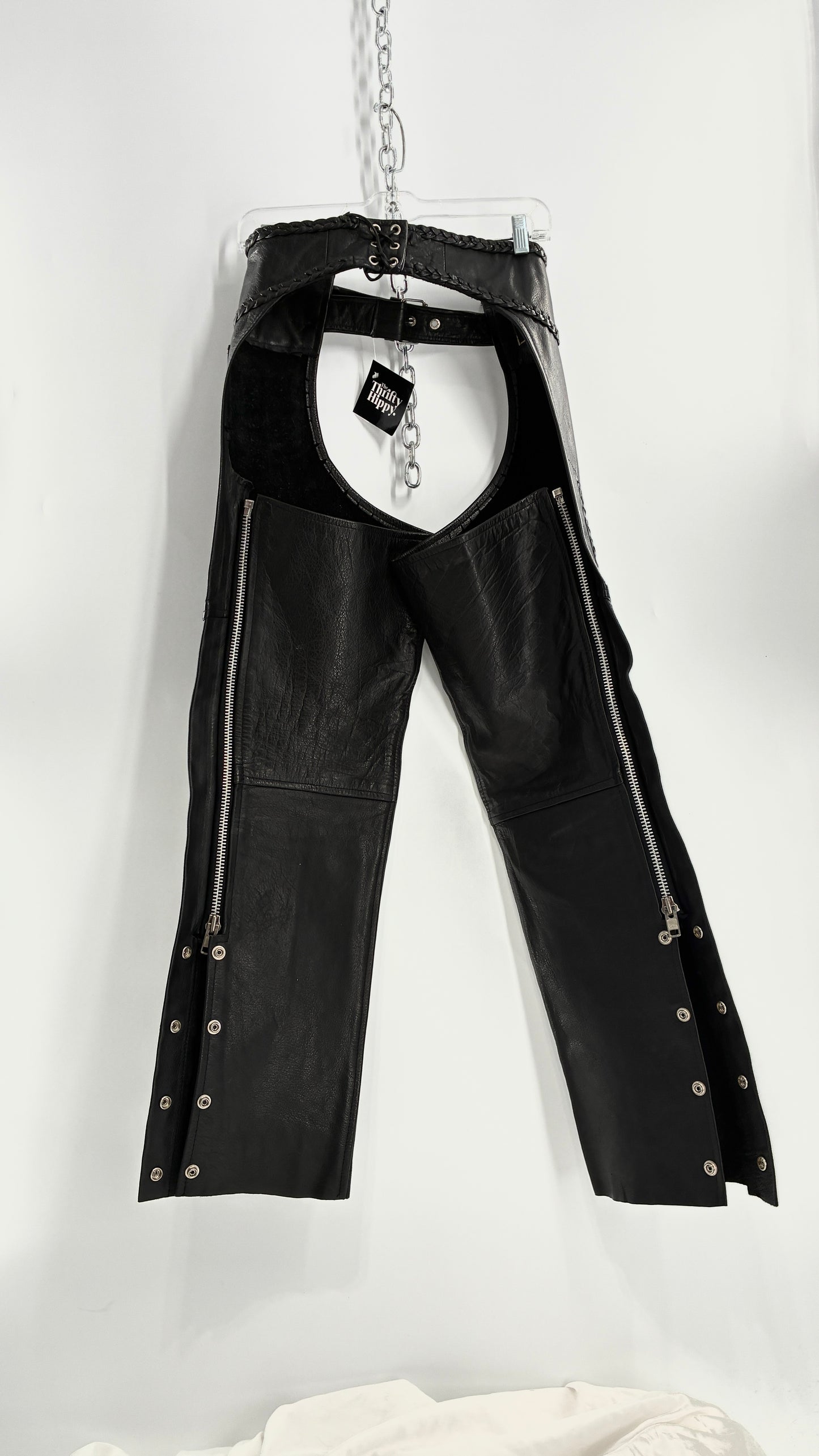 Vintage AMERICAN LEATHER Black Motorcycle Chaps/Pants with Mini Pocket, and Side Zipper Detailing (XS)