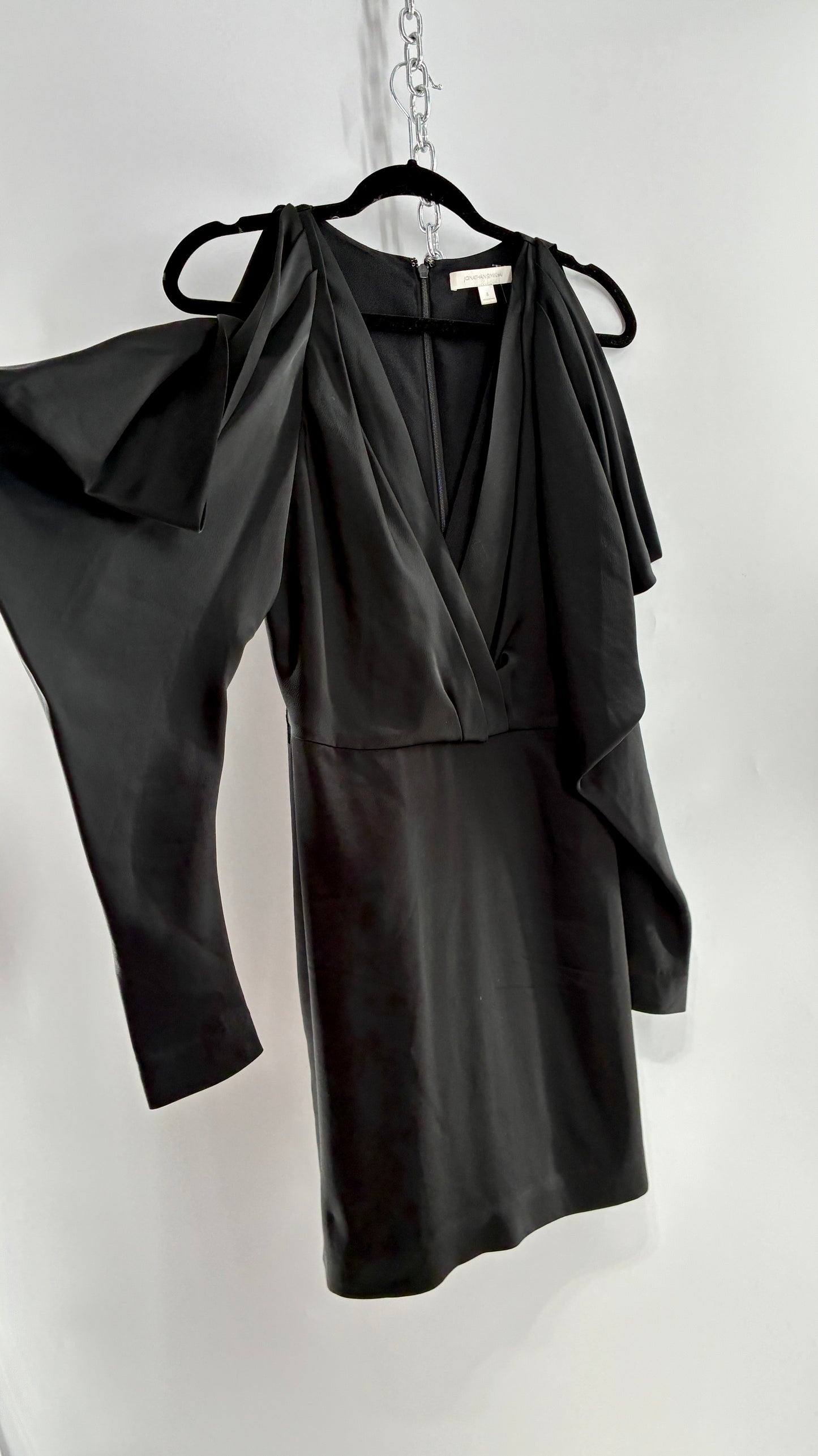 JONATHAN SIMKHAI Black Silky Mini Dress with Exaggerated, Draped Cold Shoulders (8)