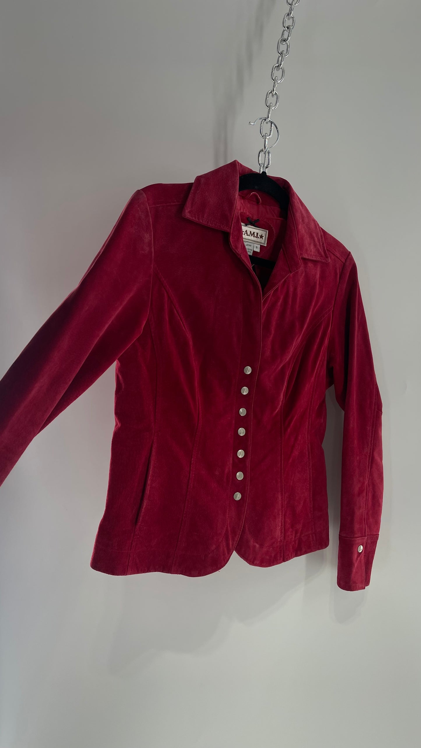 VINTAGE A.M.I Raspberry Red Suede Leather Slim Waist Metal Button Front Jacket (Small)