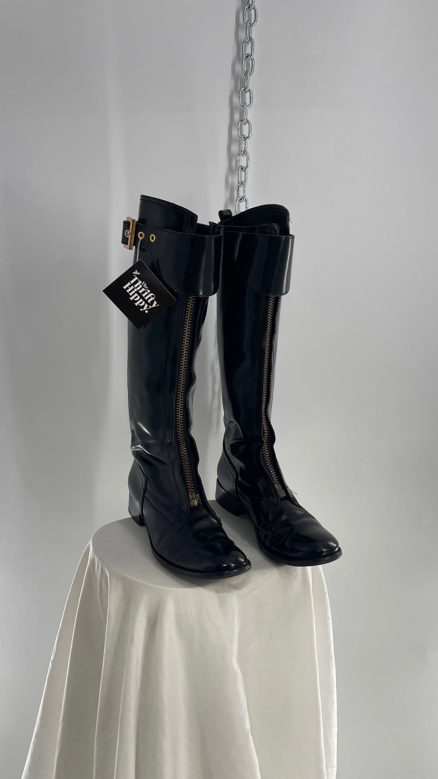 Vintage Tory Burch Patent Leather Bronze Zipper Front Riding Boots (8)