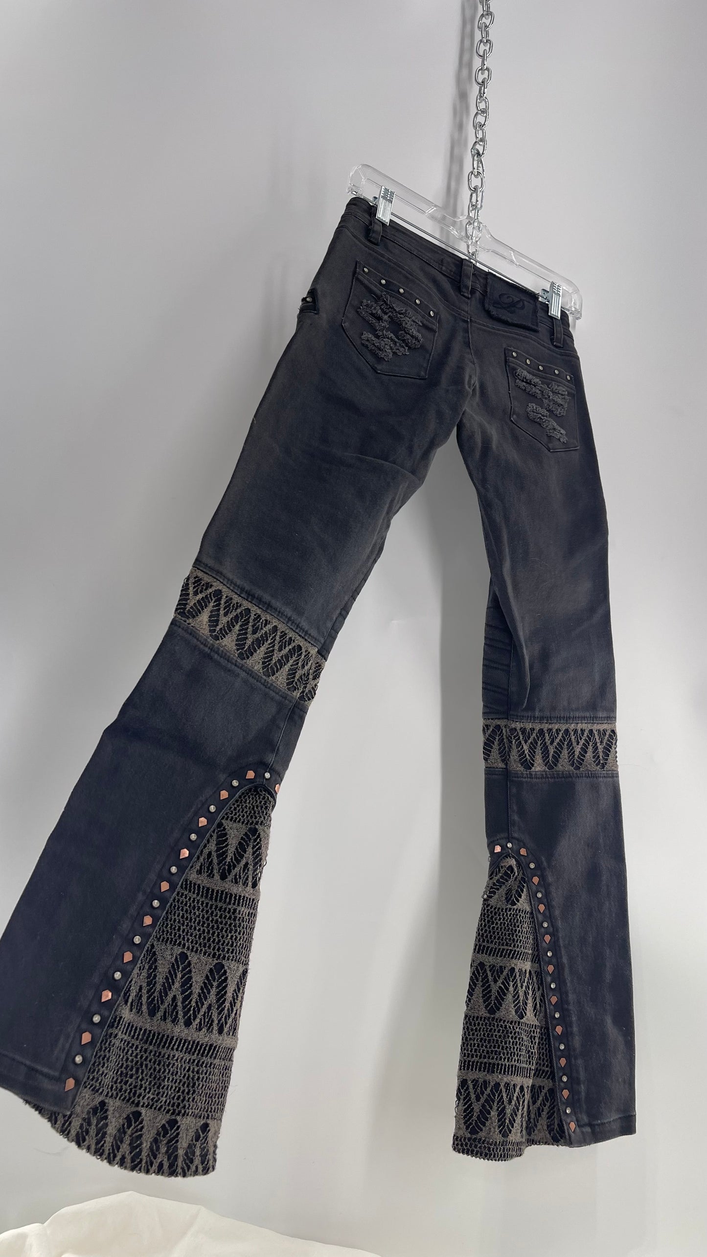 Vintage Rare PSYLO 1990s Low Rise Kick Flare Jeans with Studs, Lace and Hardware (38)