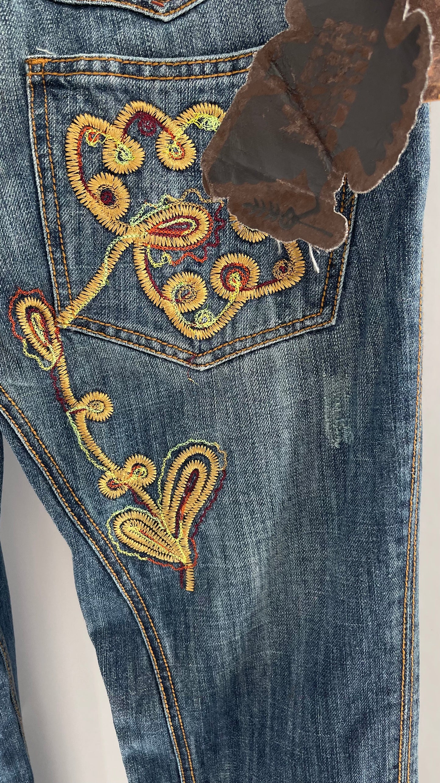 Vintage RARE Antik Denim Kick Flares with Embroidered Flower Design and Contrast Stitching (28)