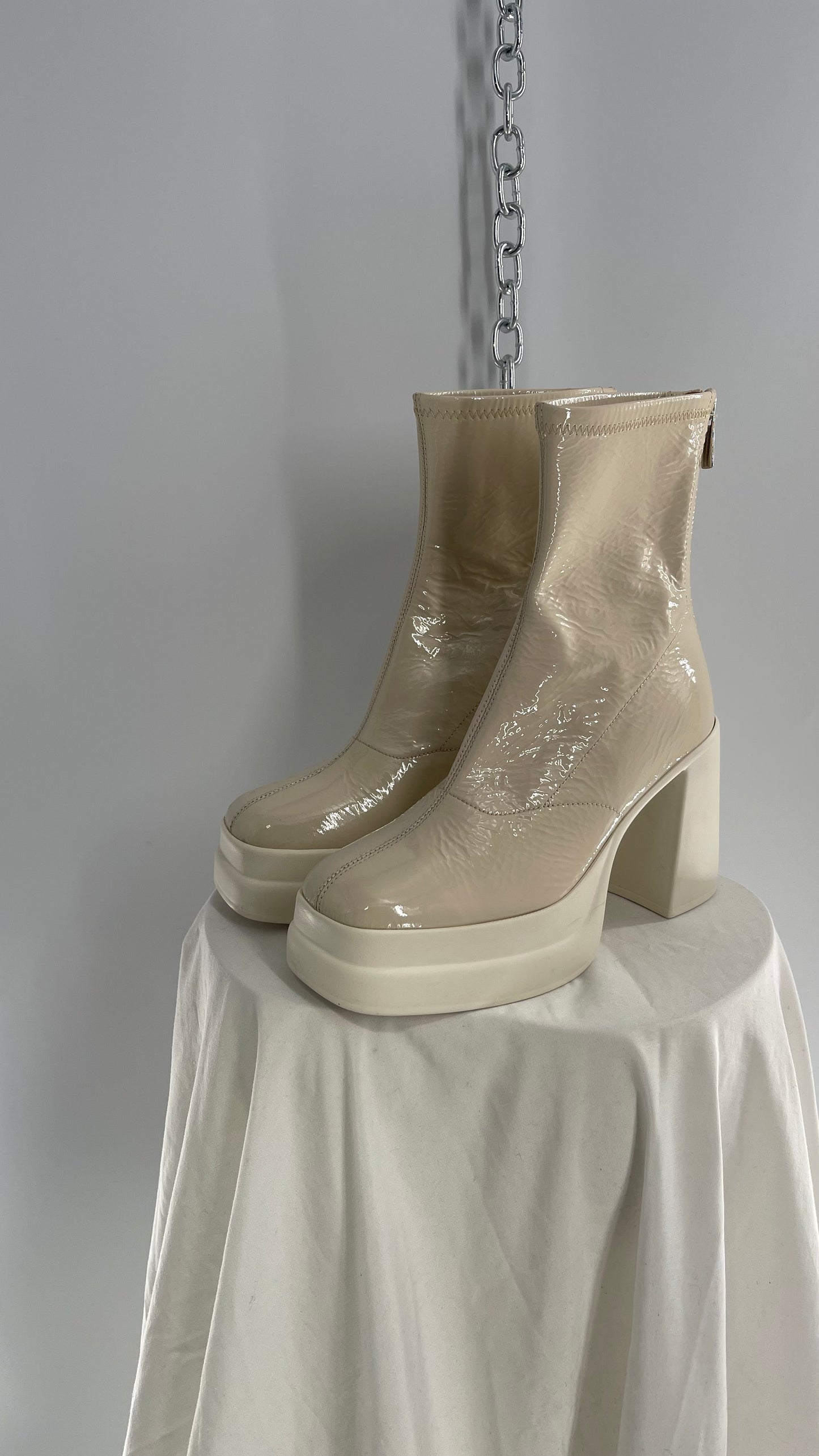 Free People Double Stack Y2k 90s Platform Off White/Cream Leather Boots (37)