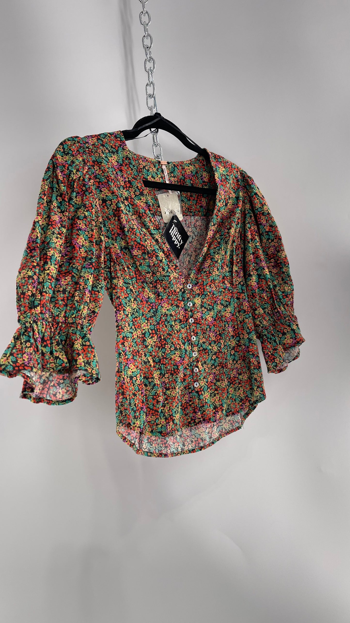 Free People 100% Cotton Colorful Florals Blouse with Deep V, Puff Sleeves, Button Front, and Tags Attached  (Small)