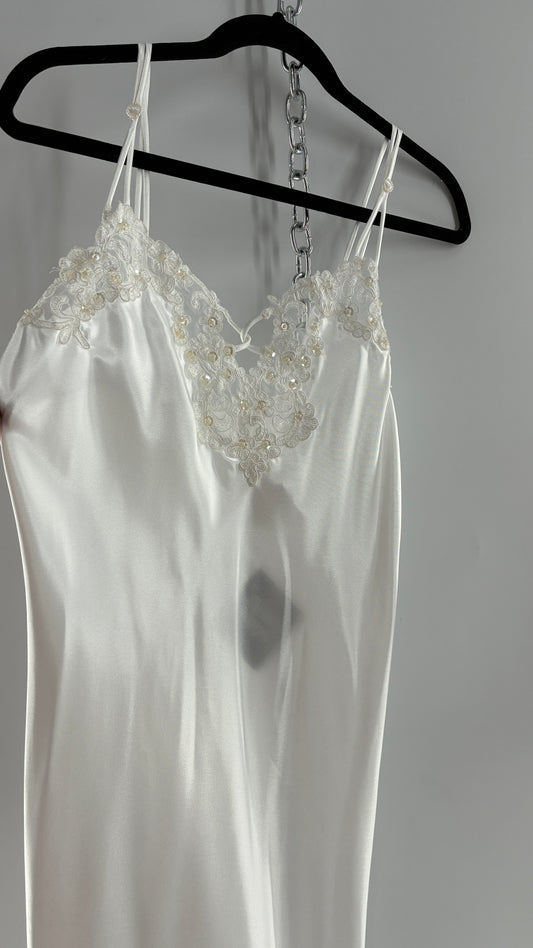 Vintage California Dynasty White Glossy, Silky Night Gown Style Dress with Sequined Lace Bustline  (Small)