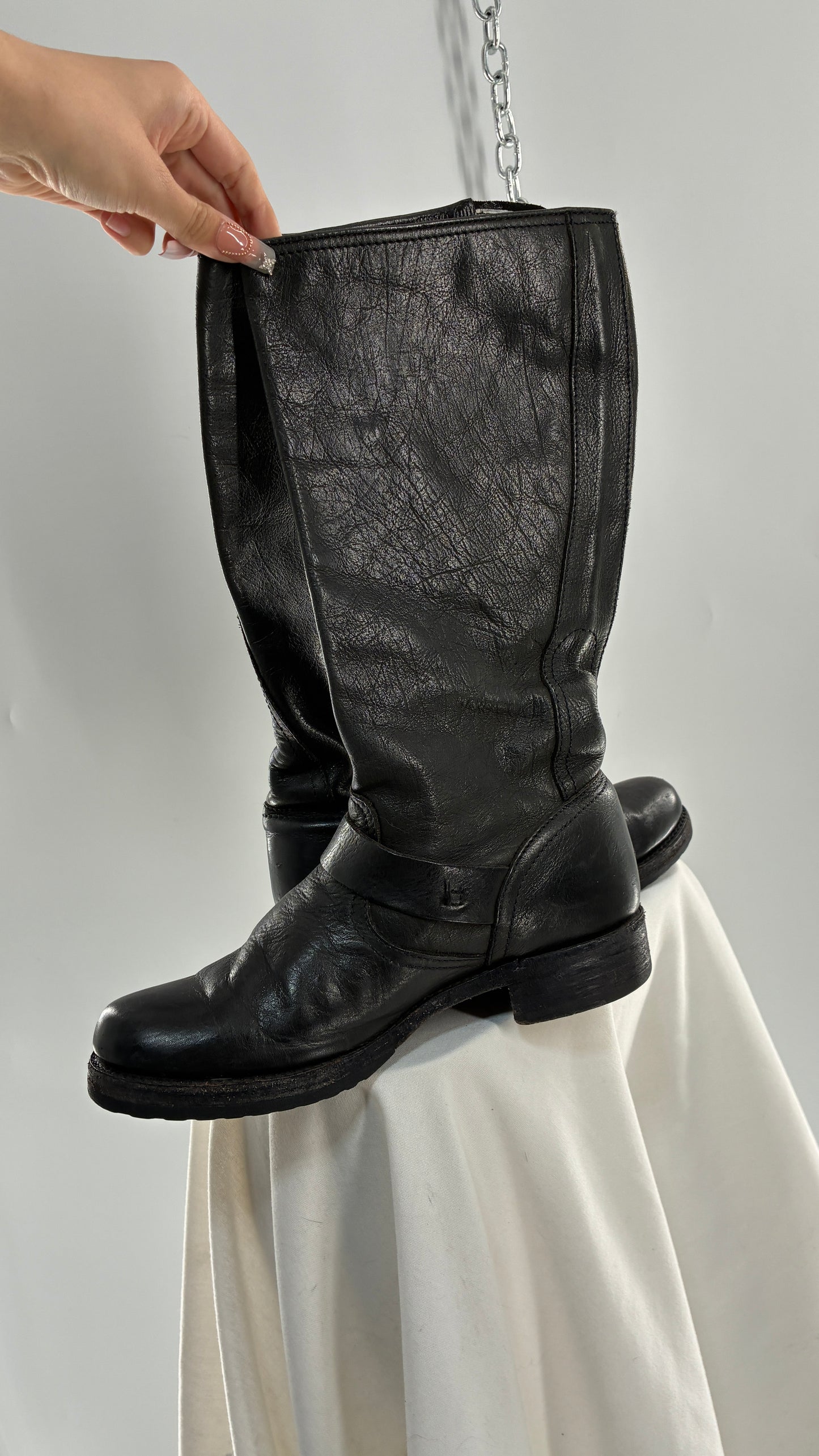 Vintage FRYE Veronica Tumble Shiny Black Leather Slouch Boot (8)