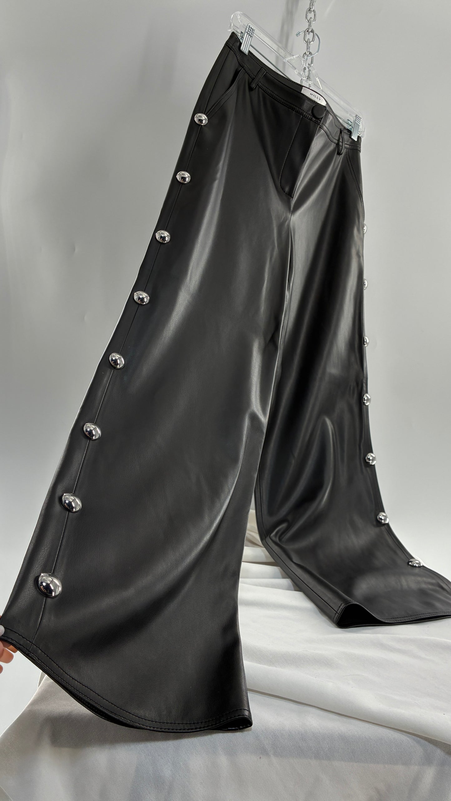 Vintage MILLY Black Vegan Leather Wide Leg Pants with Silver Oversized Studs
