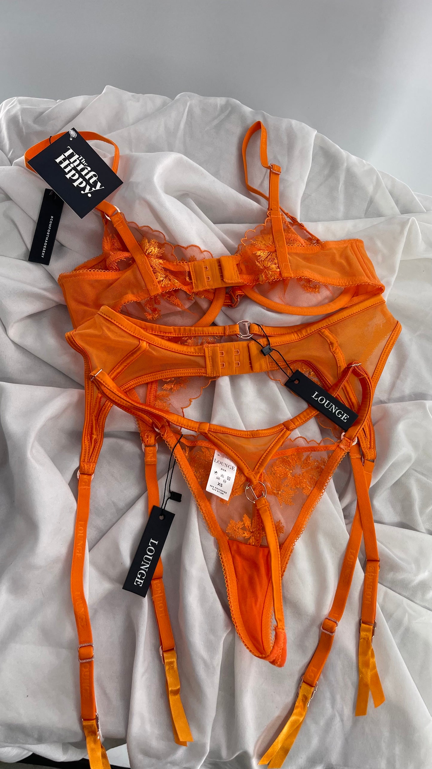 LOUNGE Orange Ava Bra, Garter and Panty Set with Tags Attached (32C, XS)