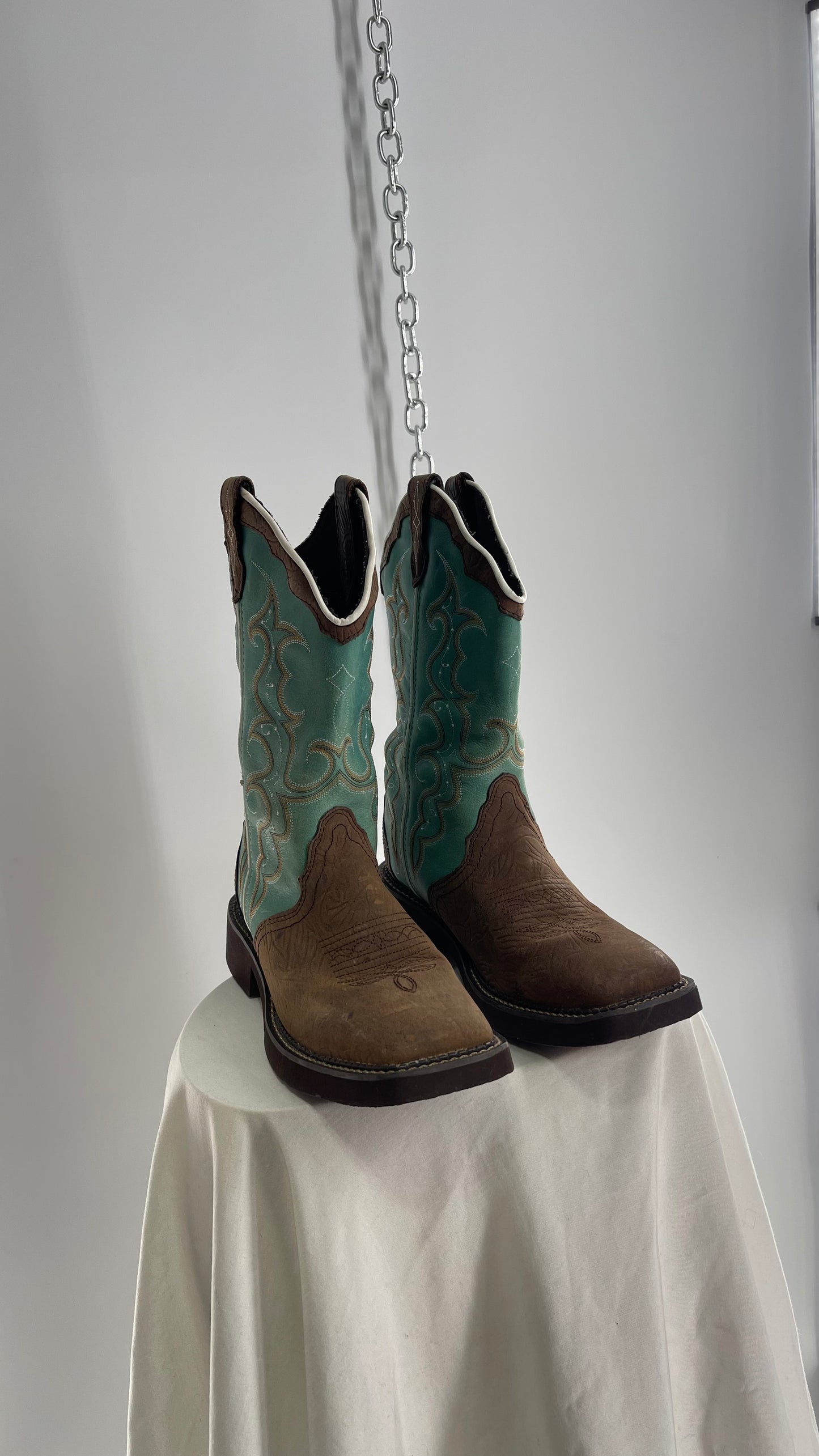 Vintage Justin Gypsy Brown Leather Turquoise Raya Cowboy Boots (8.5B)