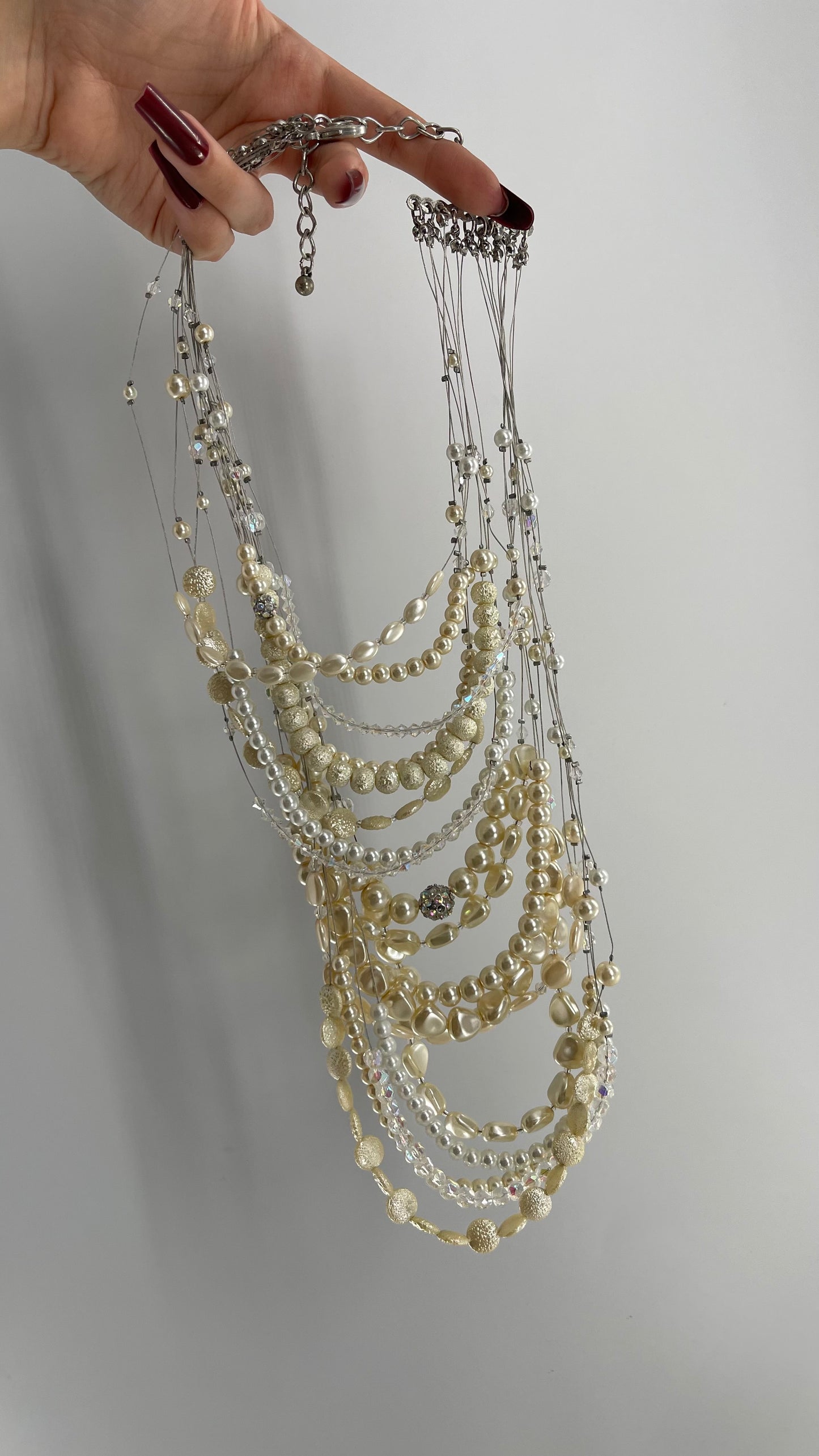 Vintage Handmade Exaggerated Multi Layer Pearl, Beaded Statement Necklace for Plunging Necklines