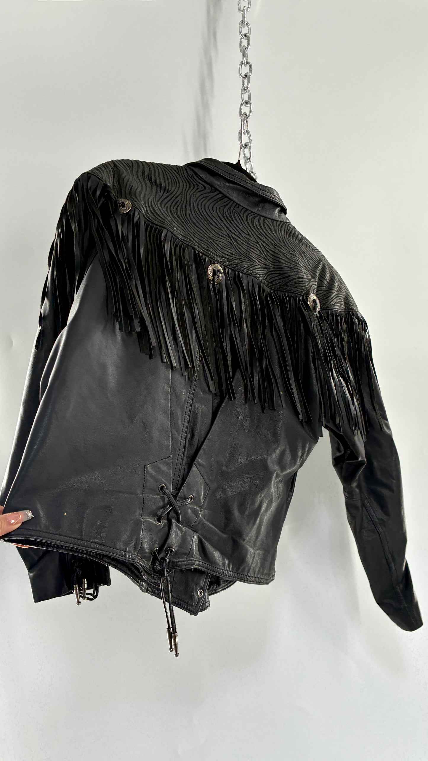 Vintage BERMAN’S Black Genuine Leather Fringe Motorcycle Jacket with Tie Up Cuffs (Large)
