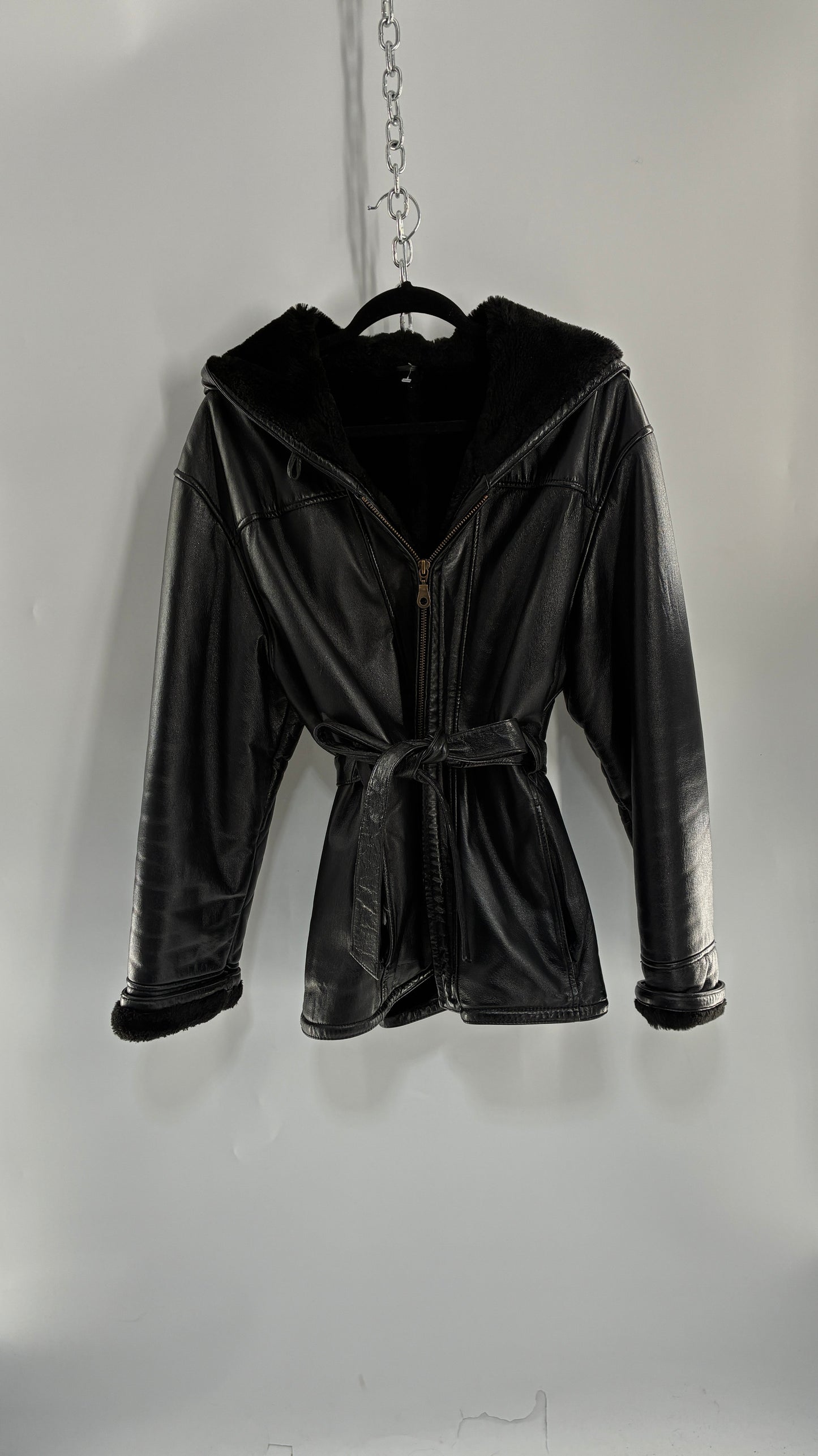 Vintage WILSON’S Fur Lined, Genuine Leather Waist Tie Jacket with Hood (Medium)
