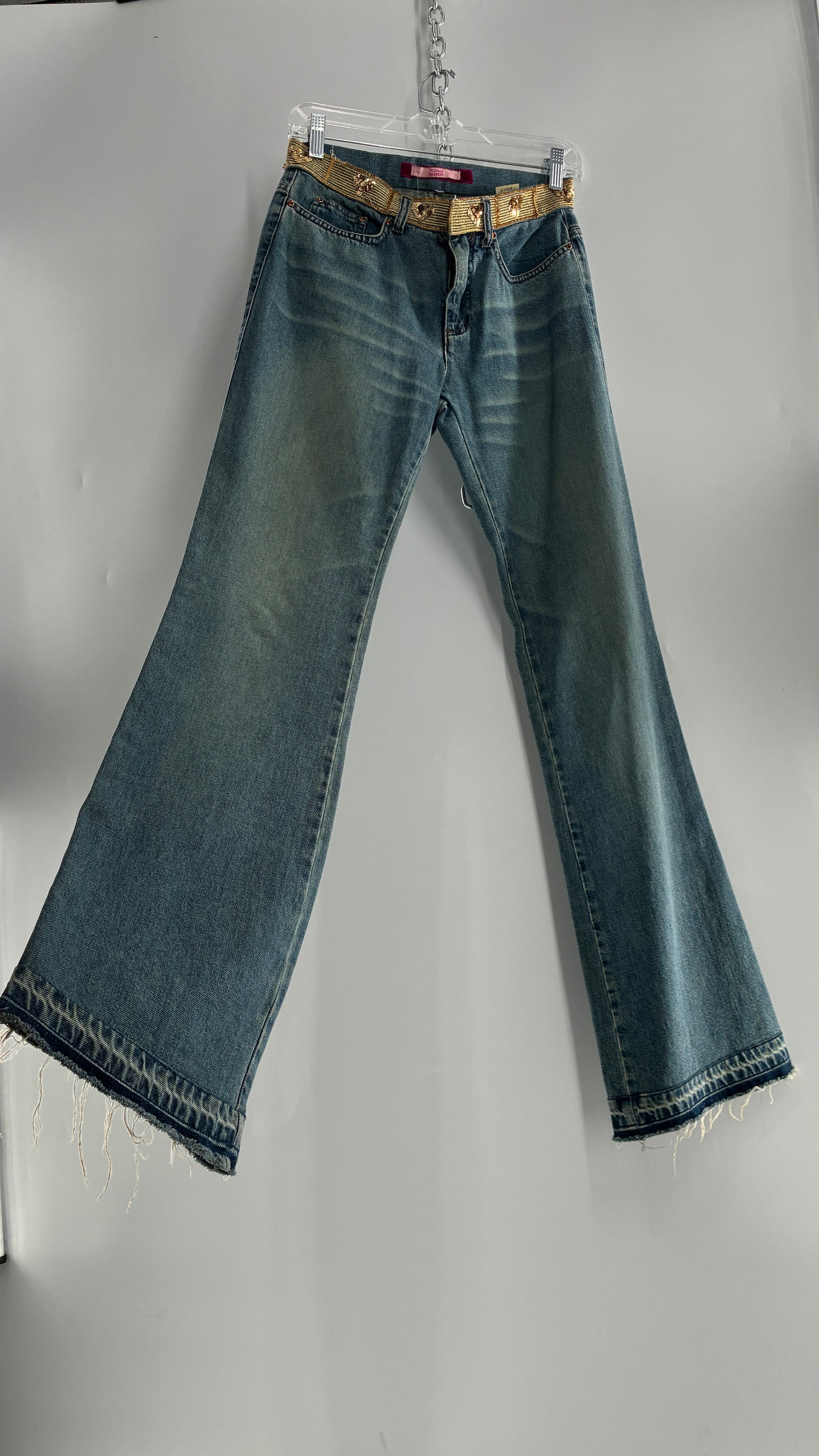 Vintage VOYAGE PASSION Kick Flare Light Wash Jeans with Heart Embroidered Bum and Gold Sequin Belt (28)