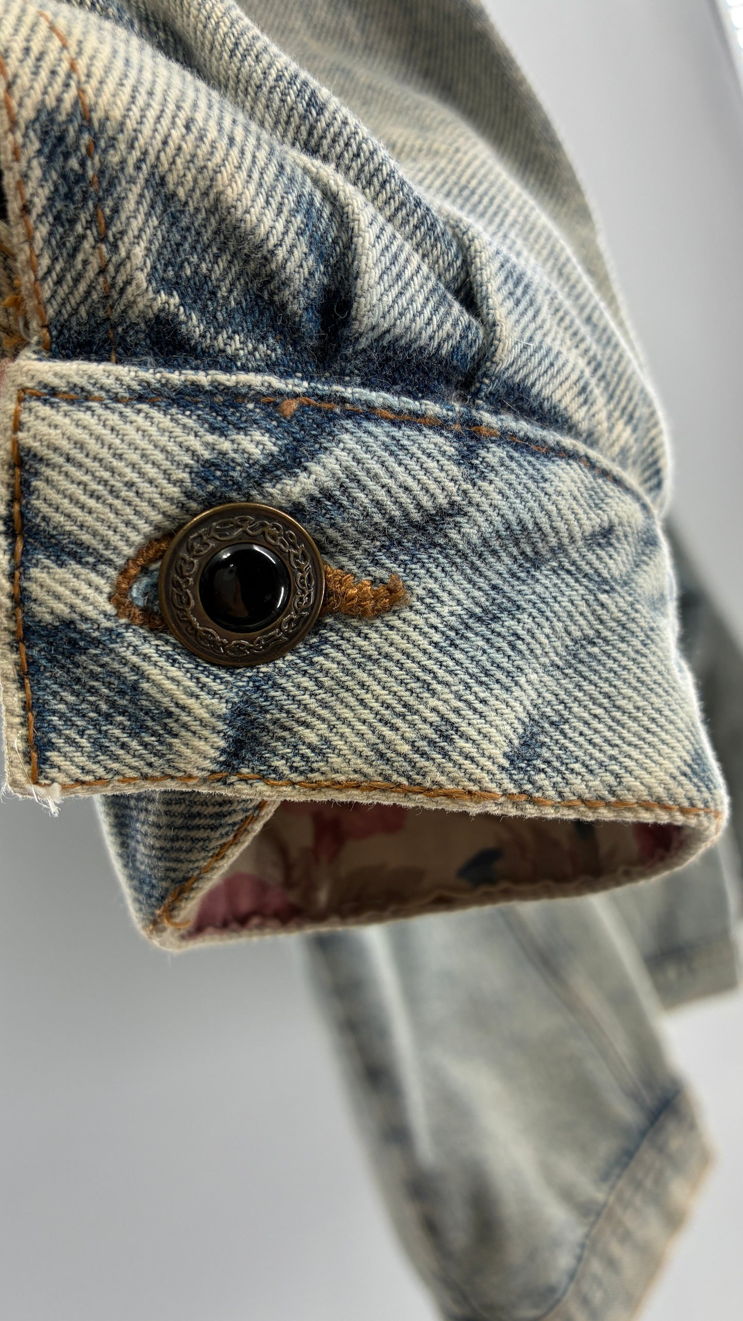 Vintage American Pacific Acid Wash Denim Jacket with Floral Patterned Cuffs (Large)
