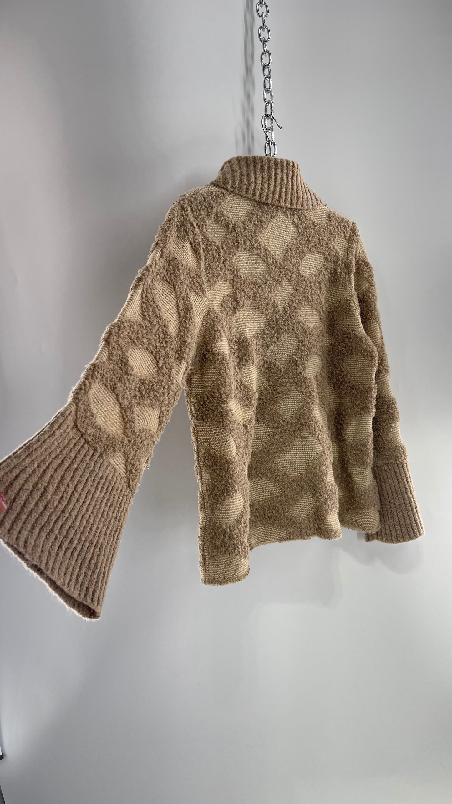 Rosie Neim Anthropologie Intarsia Light Brown Knit Bell Sleeve Textured and Collared Cardigan (XS)