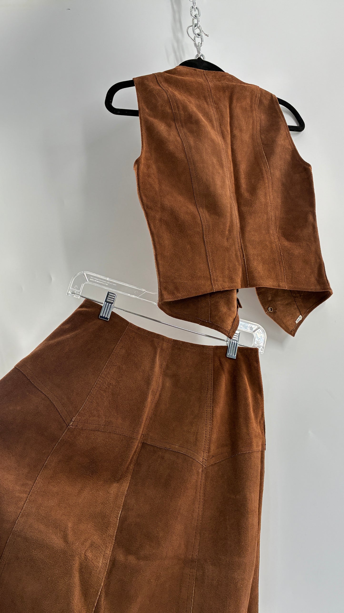 Vintage 1970s Genuine Suede Brown Leather Button Front Skirt and Vest Made in Mexico (XS/S)