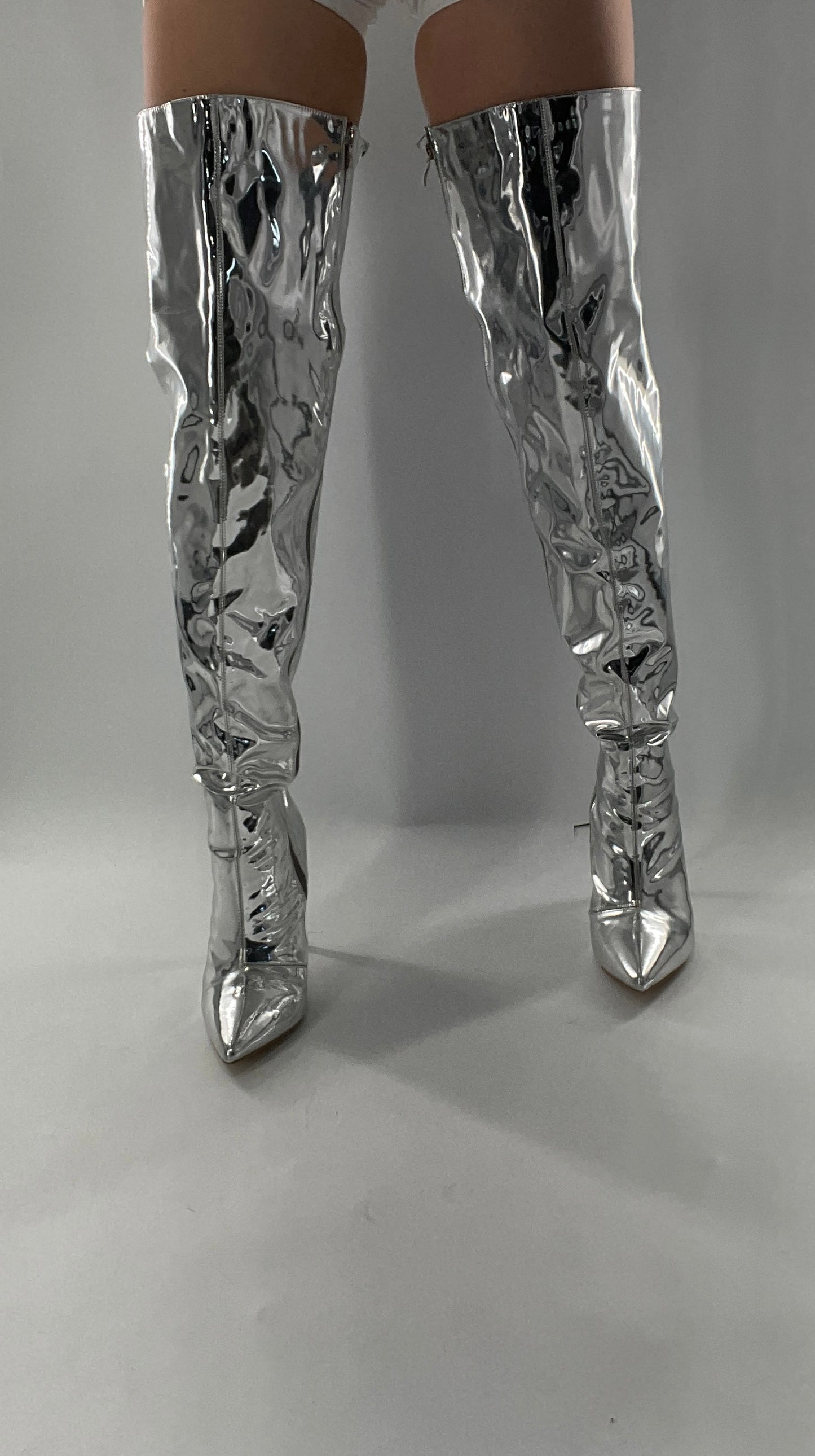 Vintage Chrome Platinum Mirrored Thigh High Molten Metal Sky High Boots Space Cadet/Concert (7)