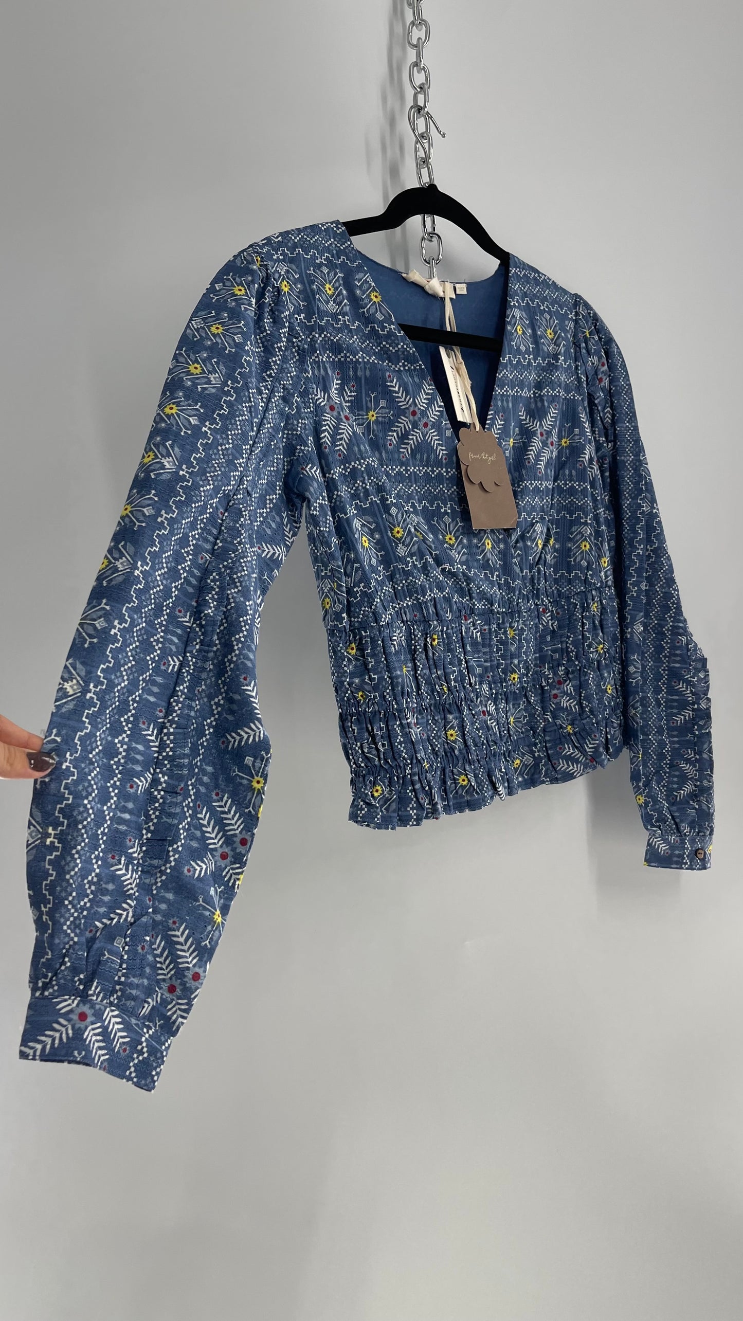 Flower That Girl Anthropologie Blue Patterned Blouse with Tags Attached (XS)