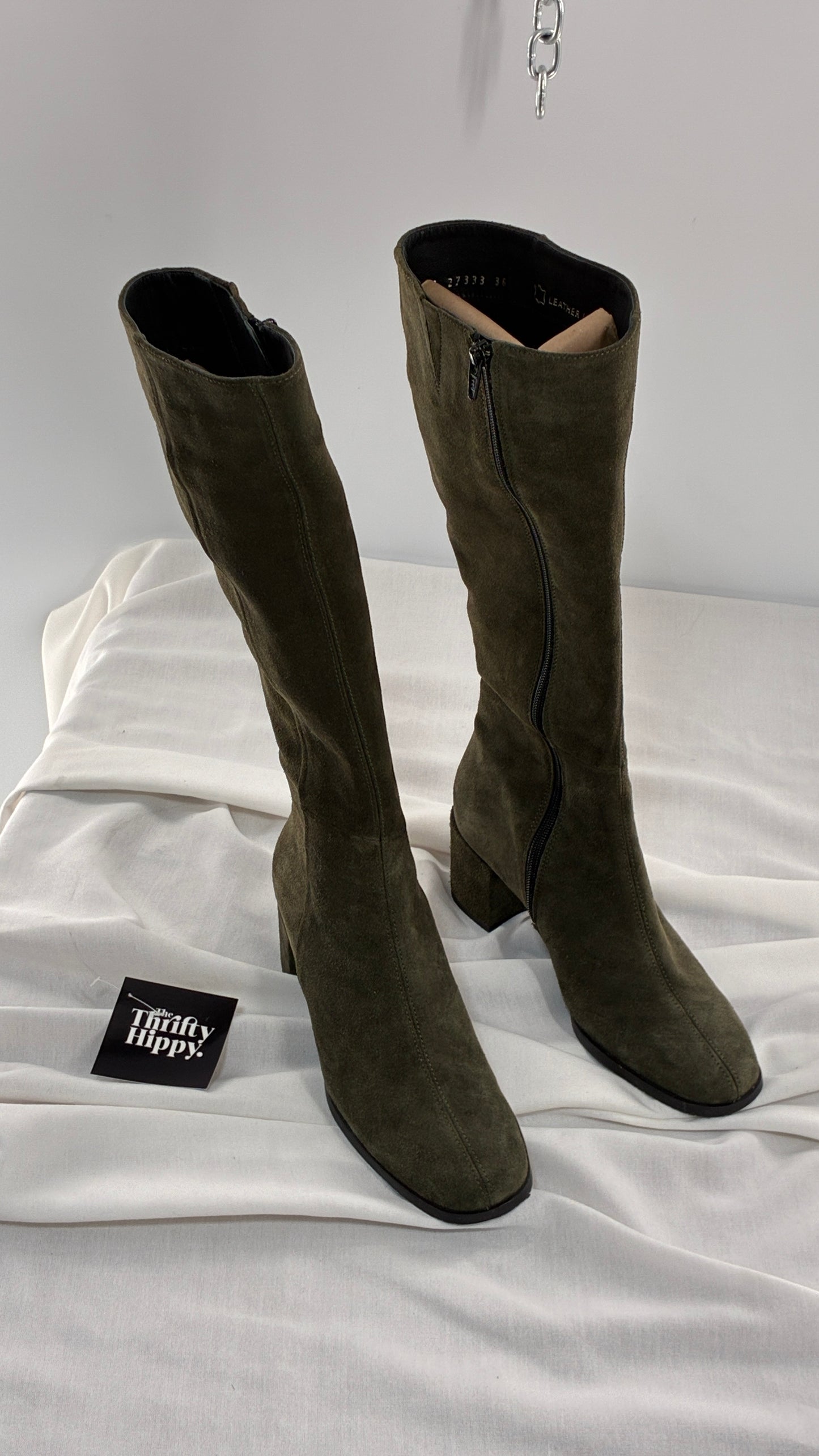 Vintage ERIC MICHAEL Olive Green Suede Boots Square Toe Knee High Boots (36)