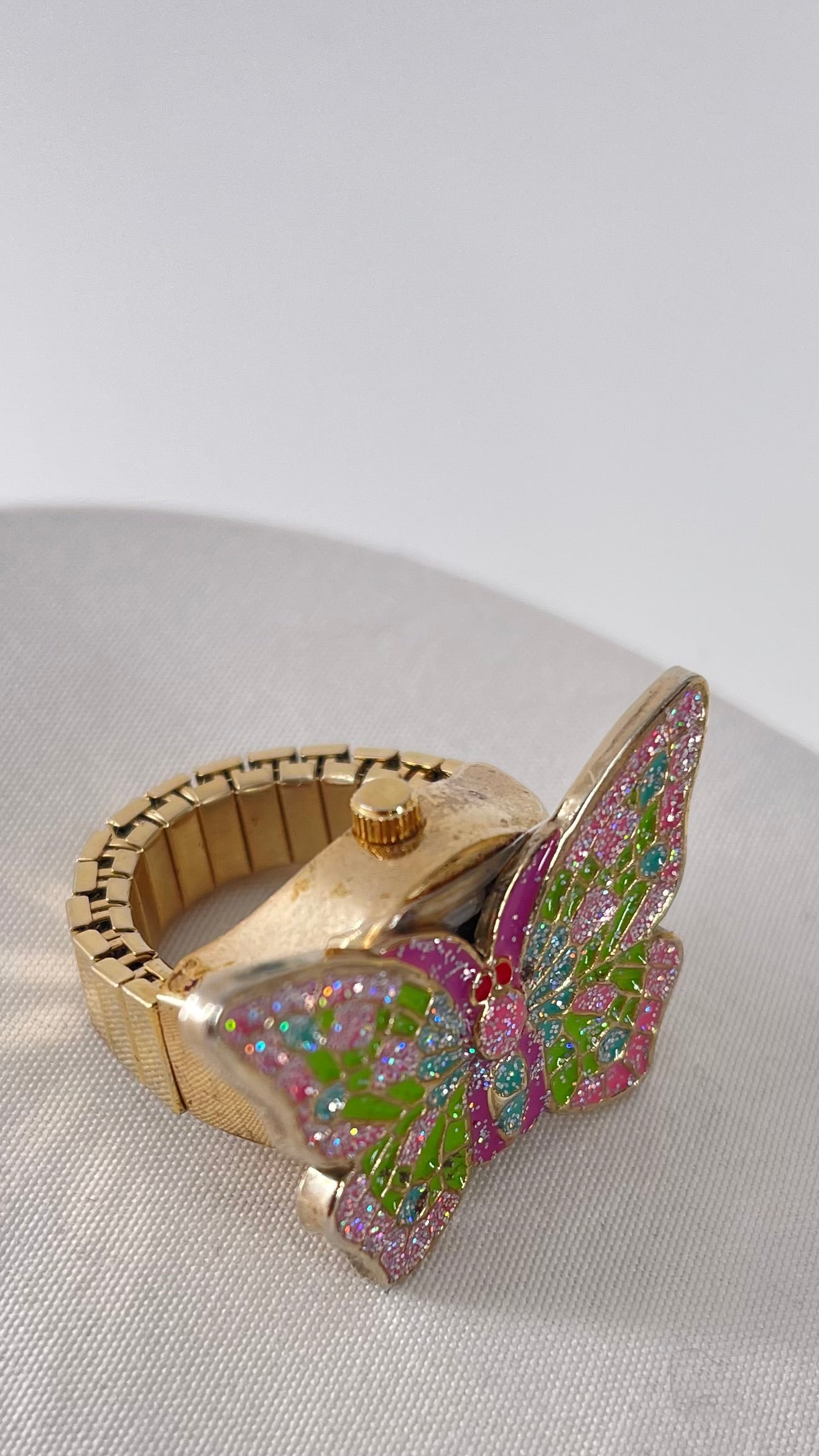 Vintage Sparkle/Glitter Gold Butterfly Ring with Watch