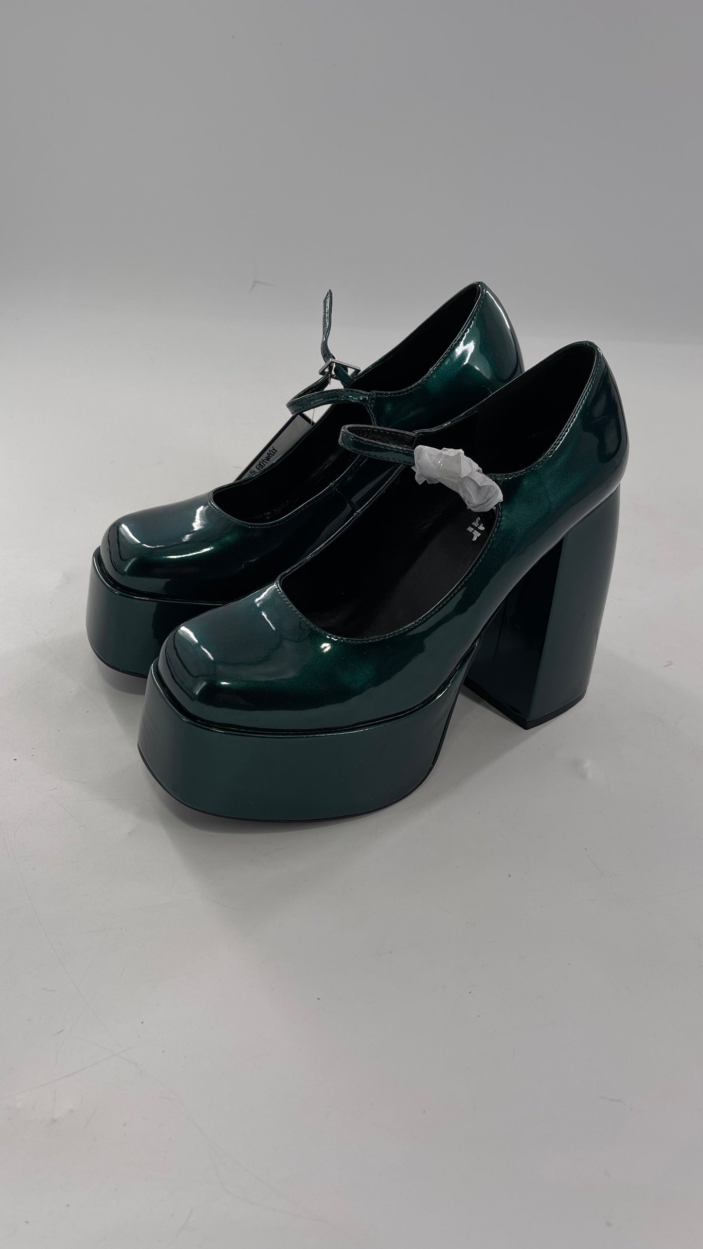 KOI FOOTWEAR Patent Emerald Green Platform Chunky Heel Mary Janes (9/39)