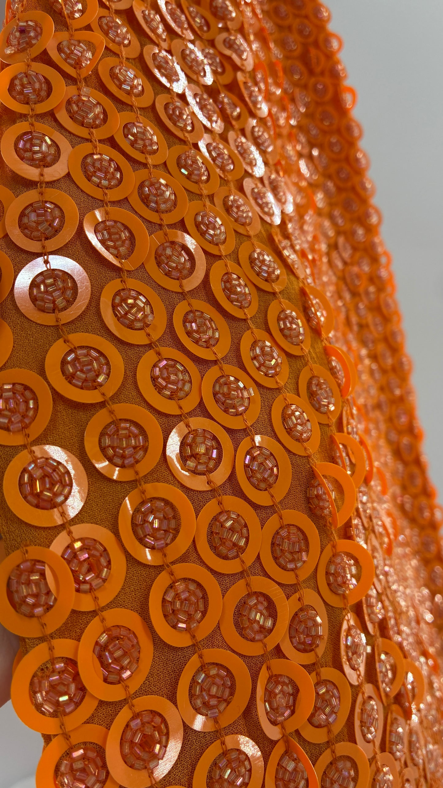 X by NBD Orange Backless Halter Mini Dress with Scalloped Hem, Covered in Beads and Sequins (Medium)