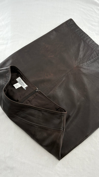 Vintage BROOKS BROTHERS Brown Distressed Genuine Leather Skirt (6)