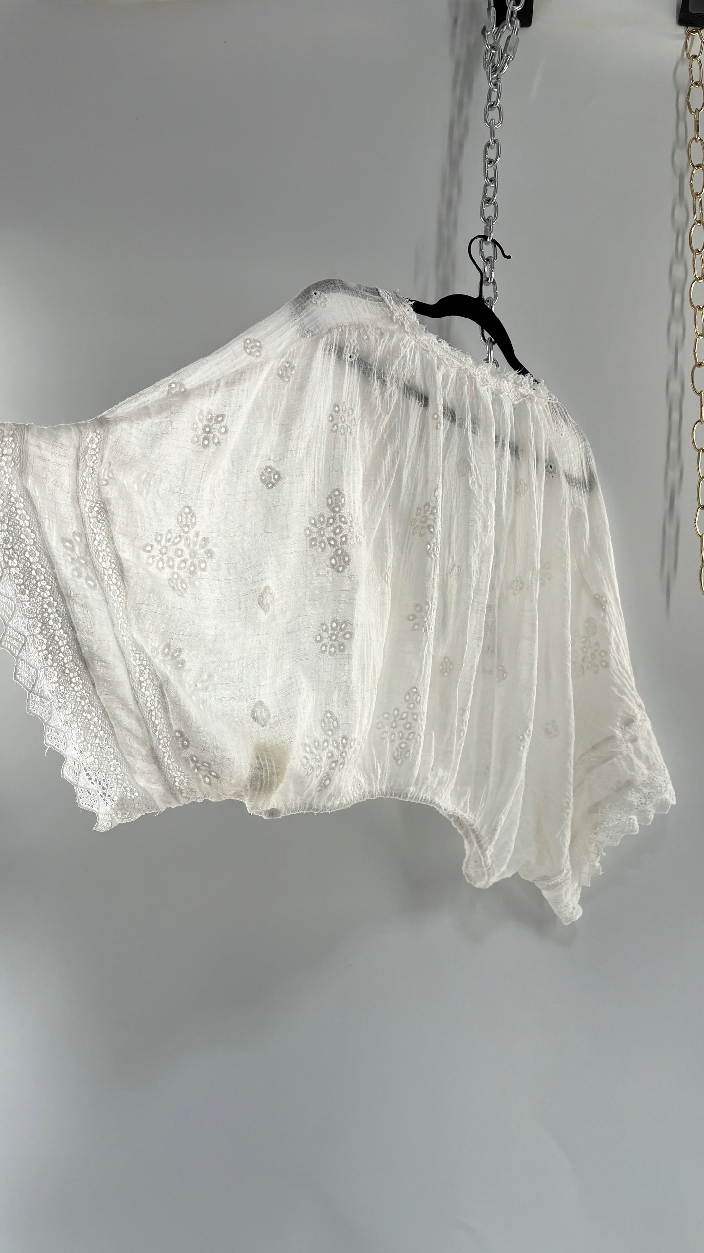 Vintage Free People Cotton Eyelet Embroidered Draping Bubble Top (Small)