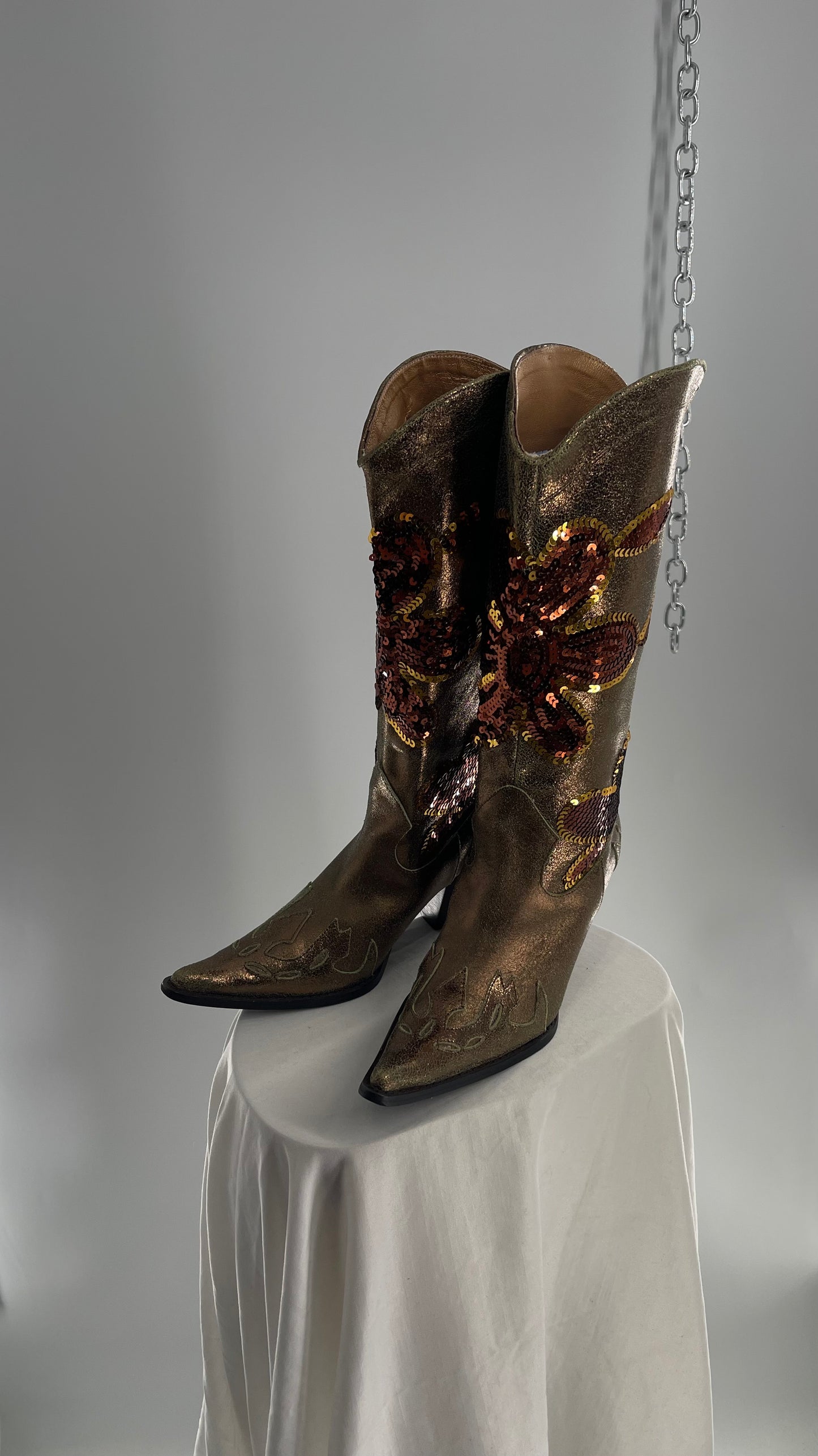 RARE Vintage Foot Candy Sage Green/Bronze Leather Cowboy Boots with Sequin Flowers and Flame Details (6.5)