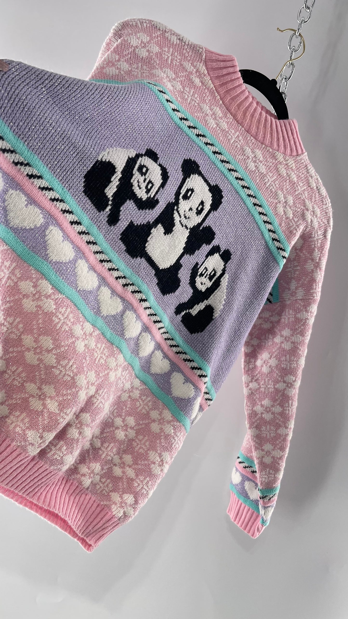 RARE 80s Vintage Adele Pastel Pink, Purple, Mint Silver Tinsel Sweater with Anime/Manga Art Style Pandas (Medium)