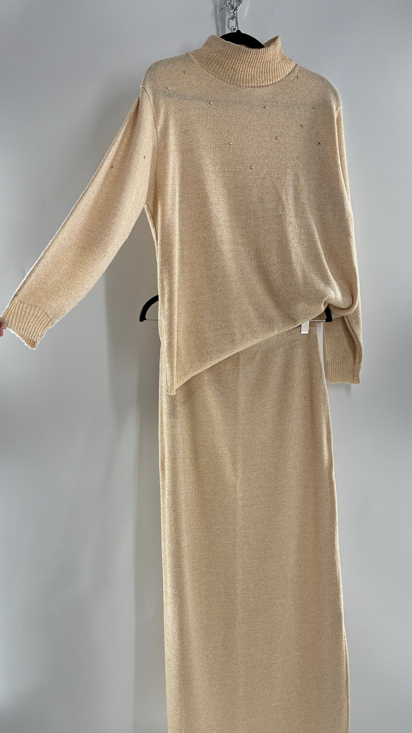 Terry Lewis Classic Luxeries Beige Knit Sweater and Skirt with Gold Tinsel Thread and Rhinestone Collar (Large)