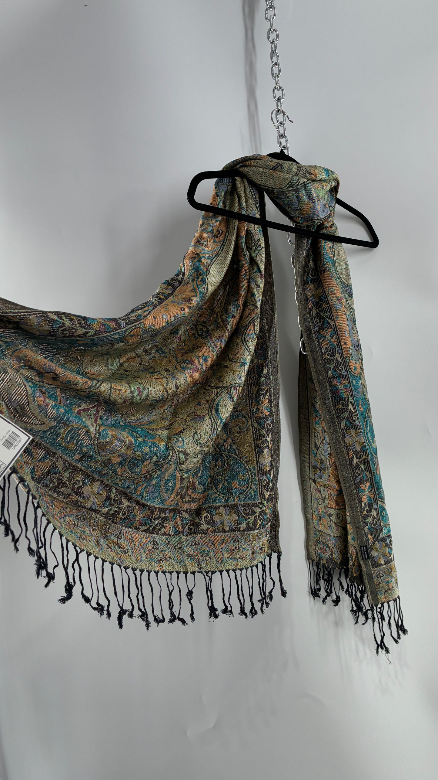 Vintage Pashmina Green Paisley Fringe Scarf